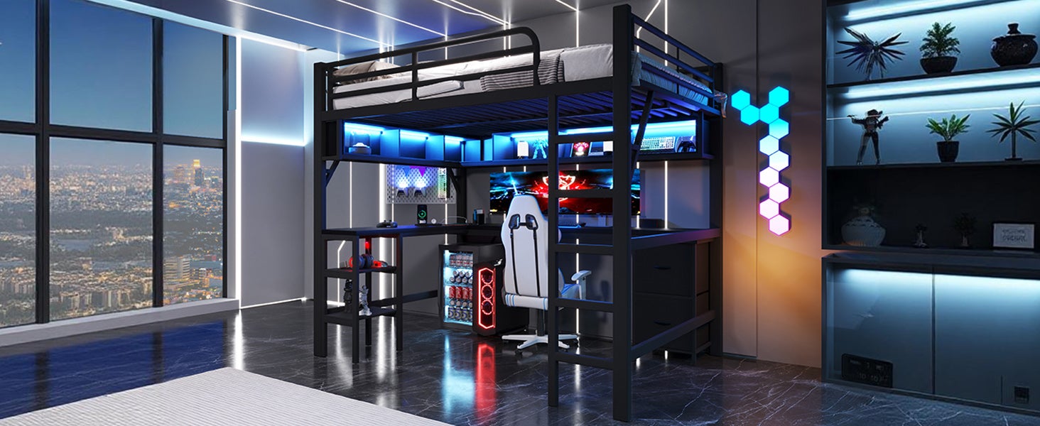 Metalowe łóżko piętrowe 140x200 cm - Z biurkiem i szafą - Z szufladami - Z portem USB i oświetleniem LED - Czarne (materac nie jest w zestawie) - 7