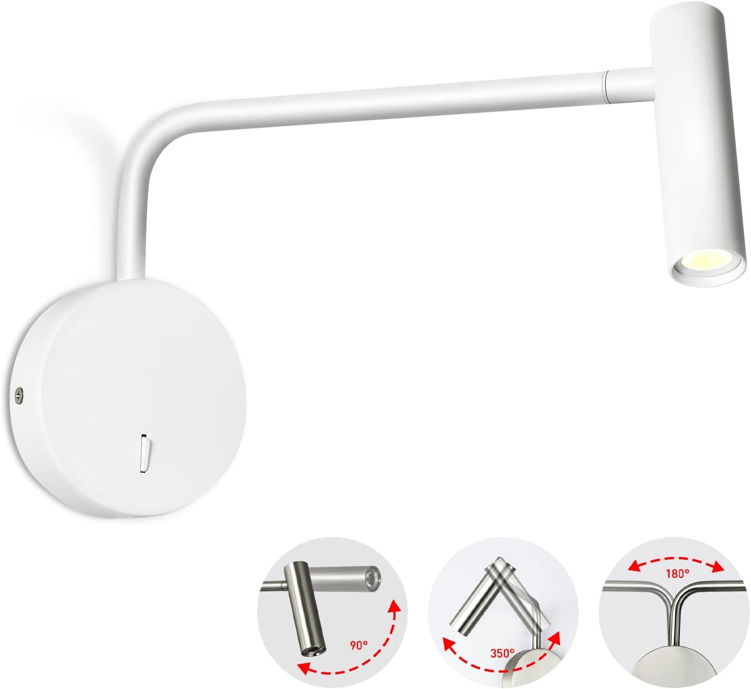 Przewodowa lampa ścienna LED z włącznikiem/wyłącznikiem, nowoczesna lampka nocna z ramieniem przegubowym, 3000K (biała)