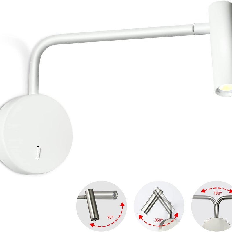 Przewodowa lampa ścienna LED z włącznikiem/wyłącznikiem, nowoczesna lampka nocna z ramieniem przegubowym, 3000K (biała)