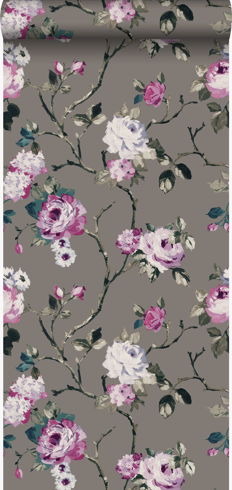 Papel pintado flores gris pardo y morado lila - 53 cm x 10,05 m - origin wallcoverings