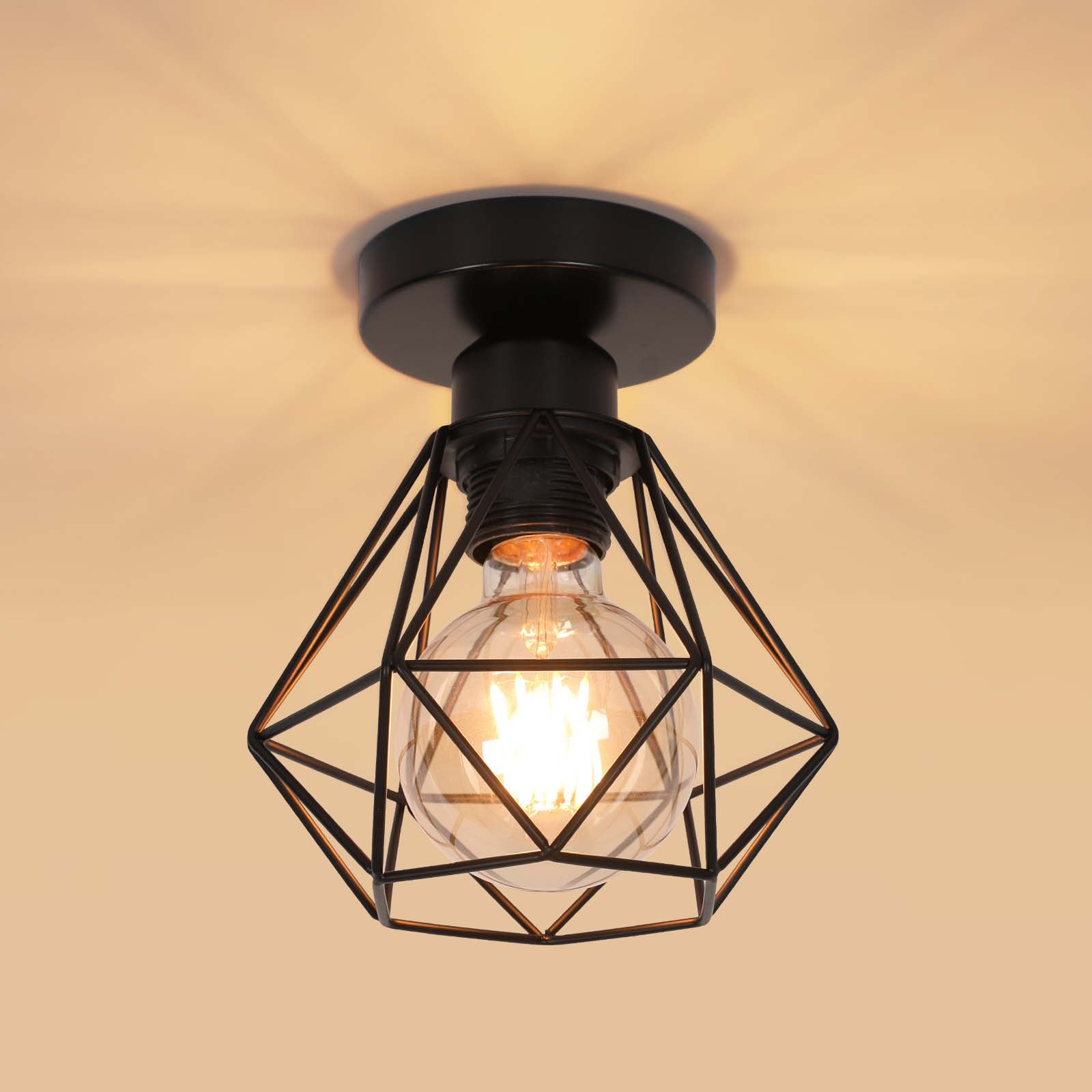 GOECO Plafonnier industriel E27 noir, luminaire plafond cage métal, lampe plafond vintage sans ampoule pour cuisine salon bar - 2