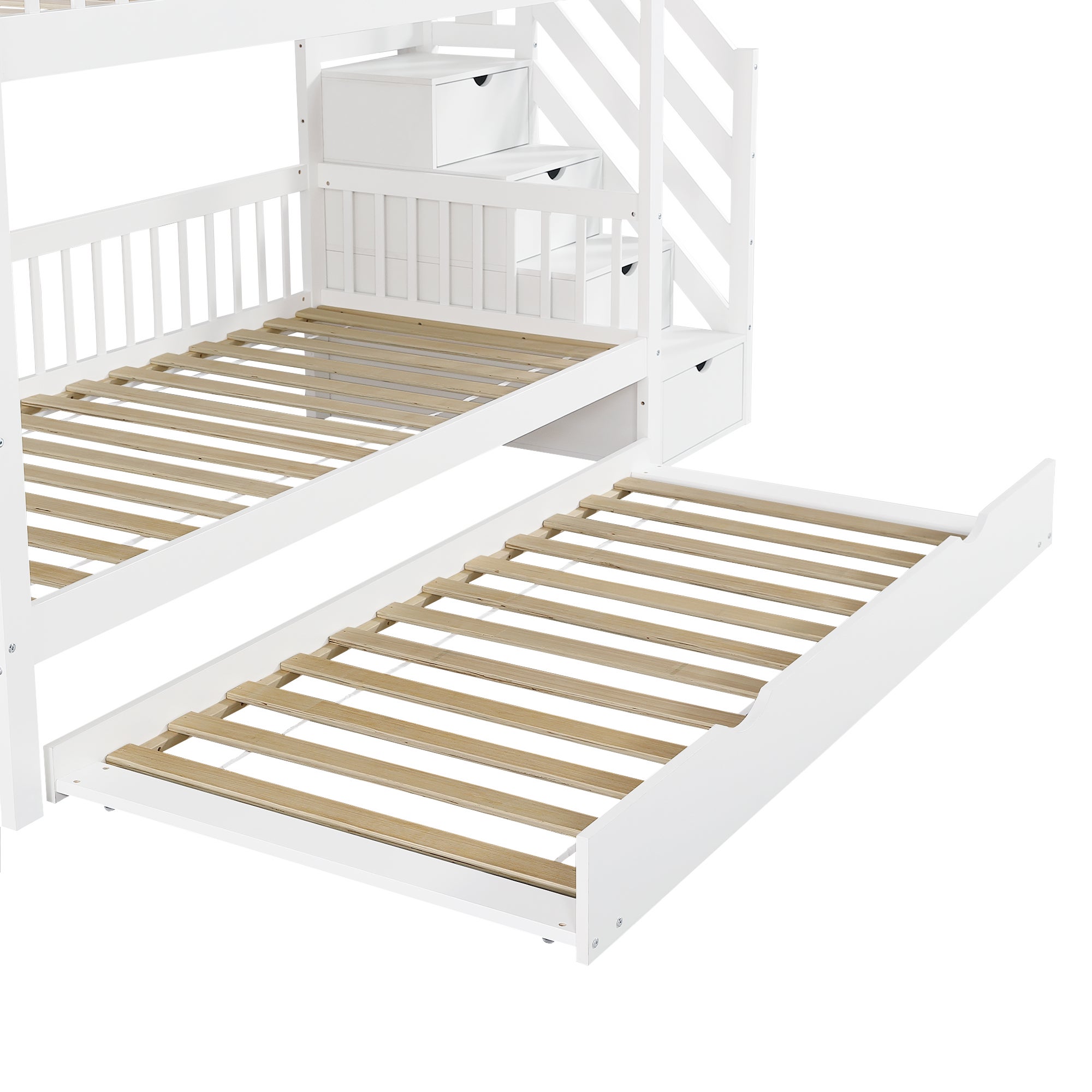 Lit superposé 90x200 cm avec lit gigogne 90x190 cm - en bois de pin - avec échelle de rangement et garde-corps - Blanc - 9