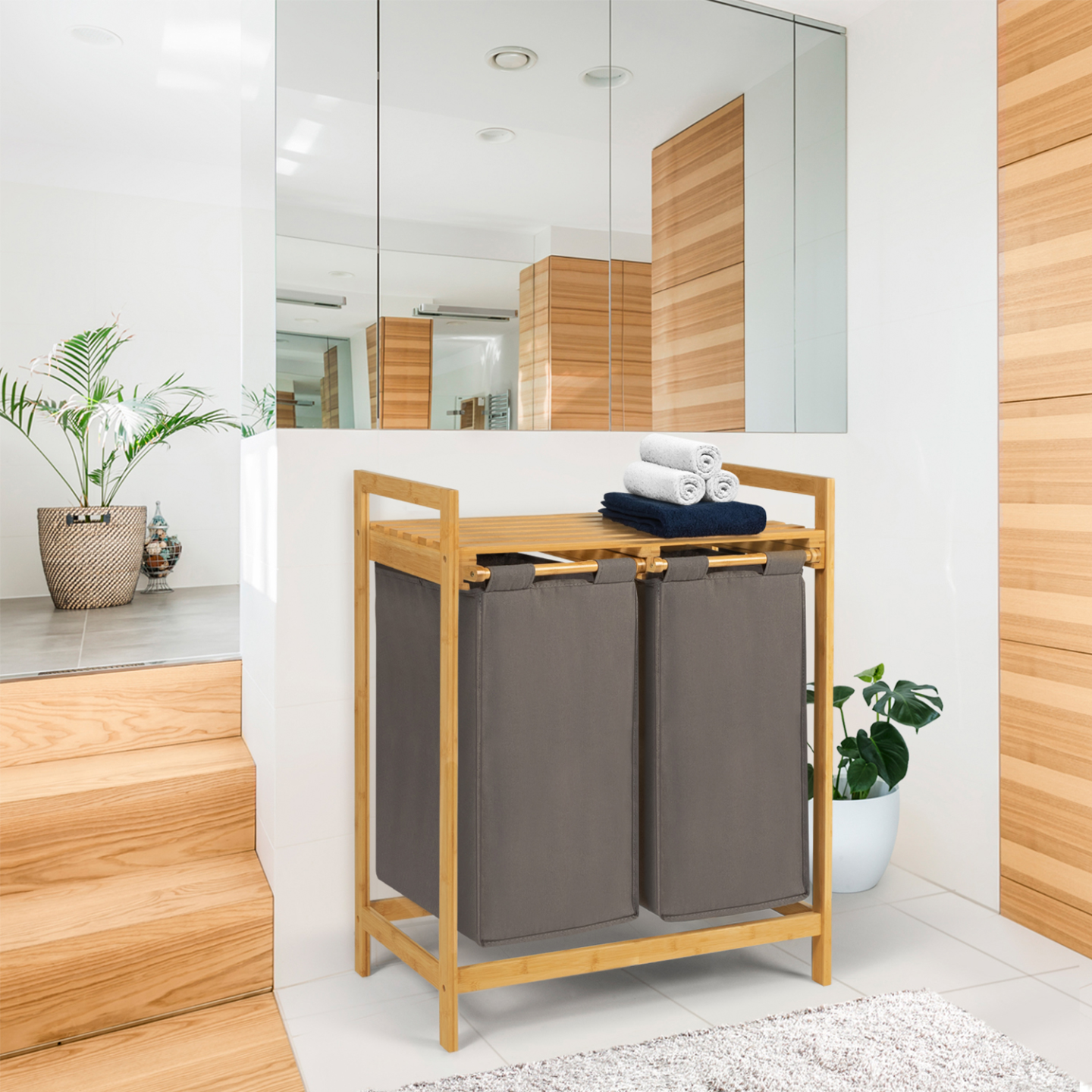 Panier à linge 2 bacs bambou BEA tissu gris foncé - 5