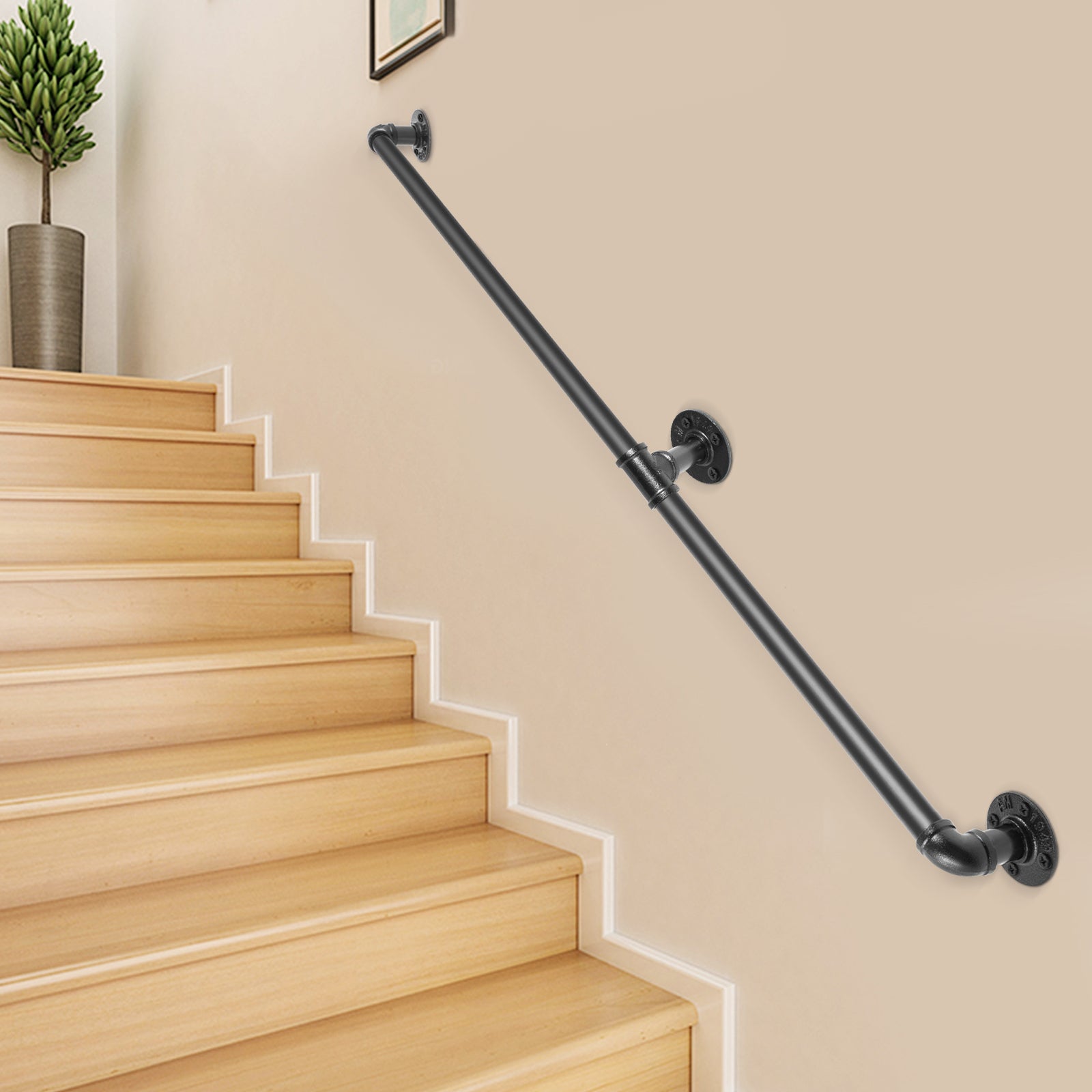Rampe Escalier Murale VEVOR 1,8 m Main Courante Acier Carbone Garde-Corps Métal Capacité Charge 200 kg/Tube Rambarde 2 Tubes 32 mm 3 Supports Muraux - 8