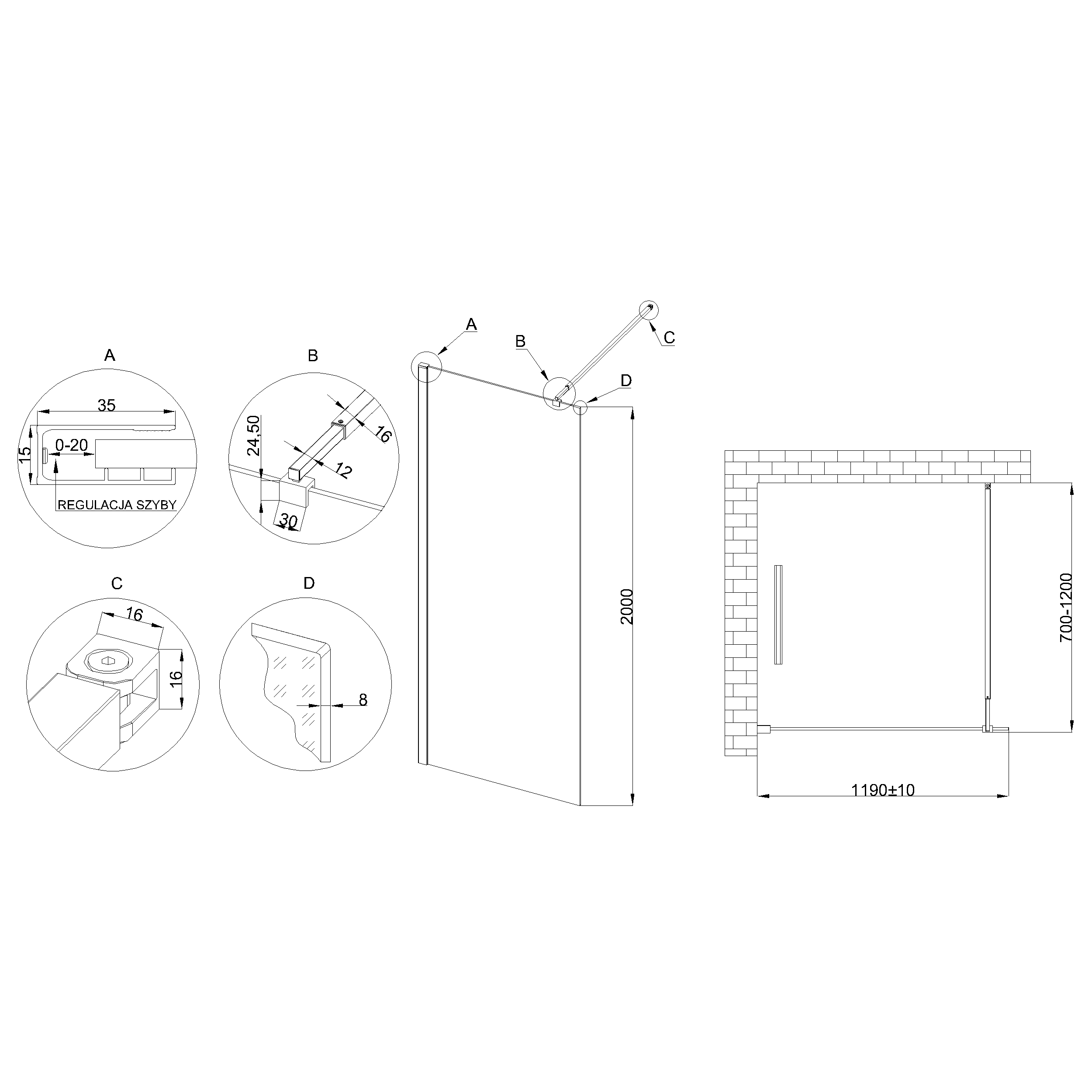 Kabina Prysznicowa Walk In Prysznic Walk-In Ścianka 200 x 120 cm INVENA - 7