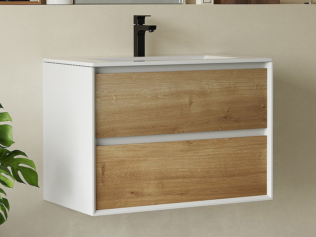 Szafka pod umywalkę wisząca naturalny i biały - 80 cm - LANNICK