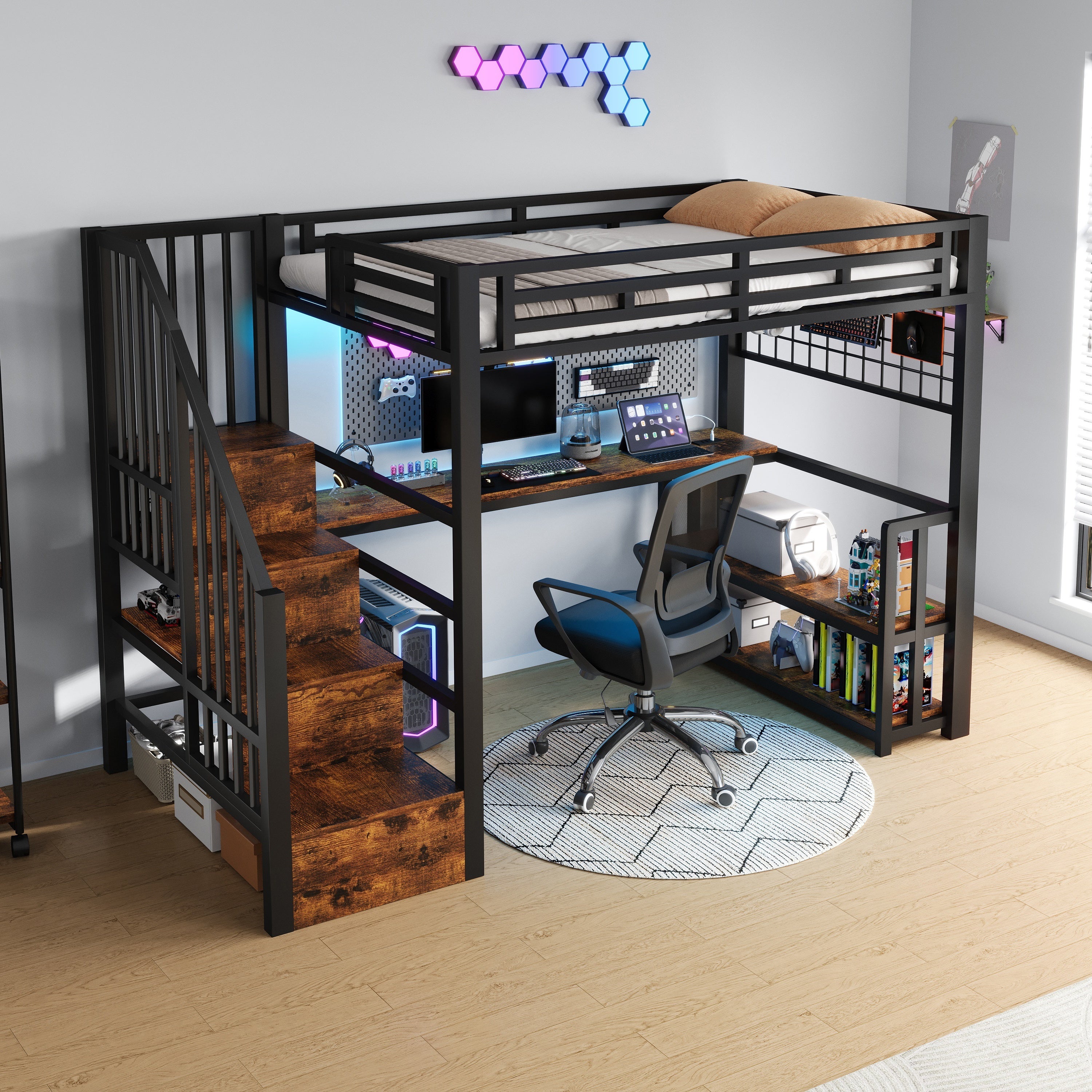 Lit mezzanine en fer 90x200 cm avec bureau, éclairage led et 2 usb + type-c, lit superposé avec étagères et treppe rangement, noir (sans matelas) - 6