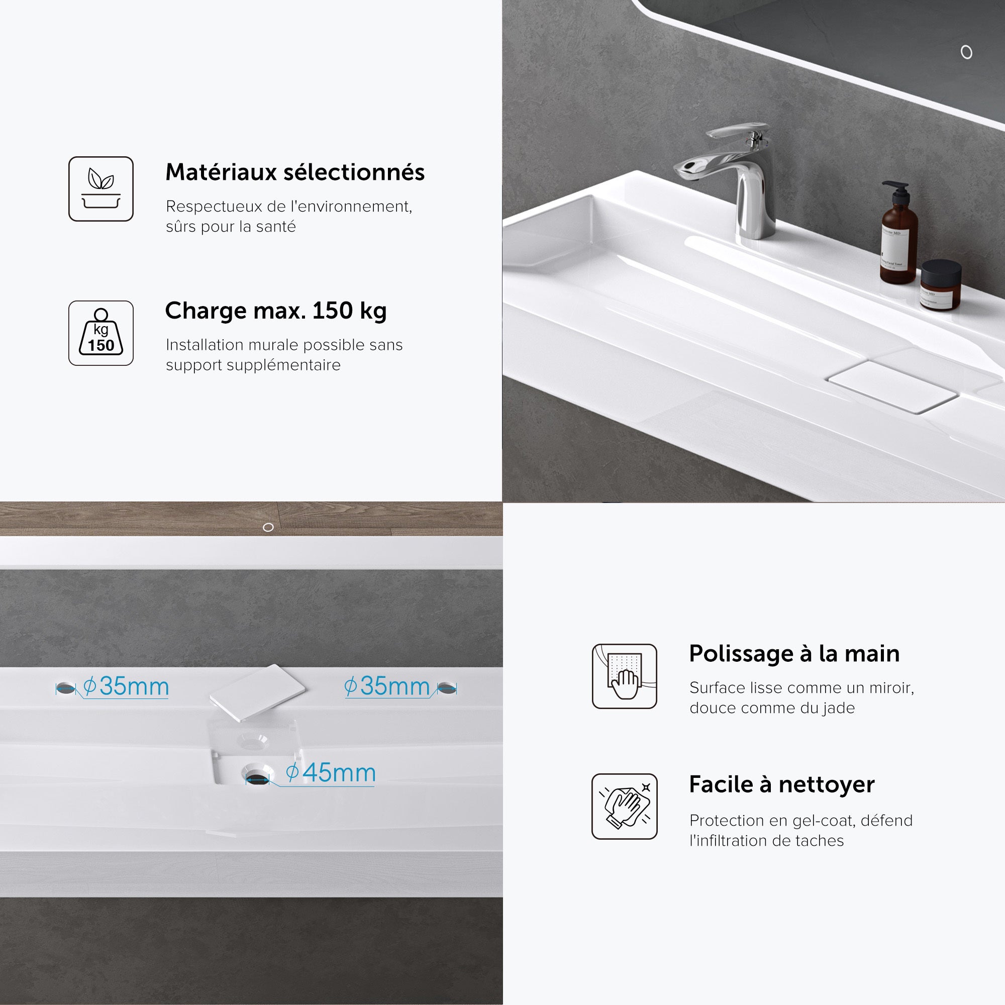 doporro Lavabo Suspendu avec Bonde Vasque à Poser Blanc 120x46x11cm Lave Mains Rectangulaire Colossum19 - 6