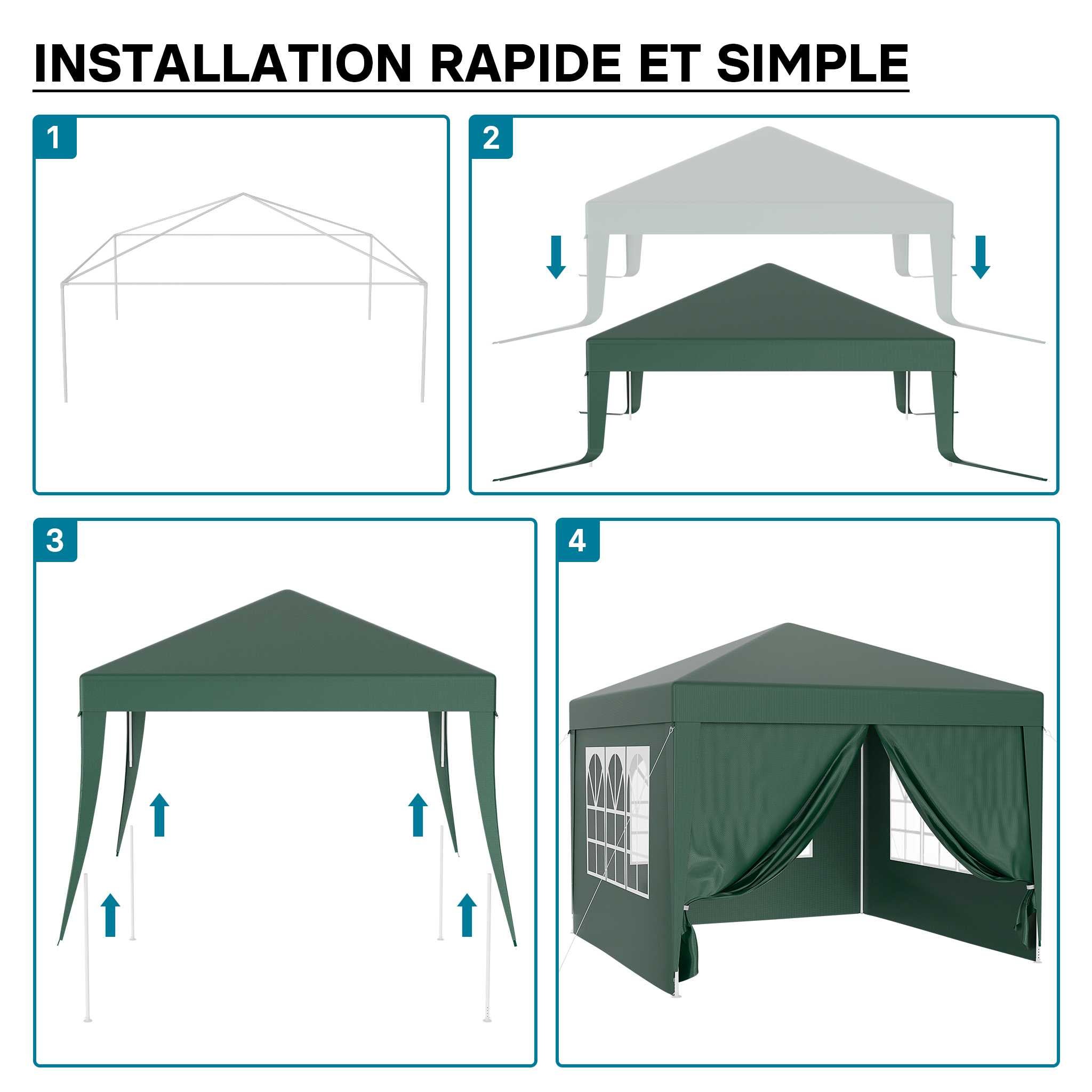 Pavillon 3 x 3 m en vert avec protection UV 50+, gazebo de jardin avec côtés amovibles, tente de réception avec fenêtres pour terrasses et… Wiltec - 4