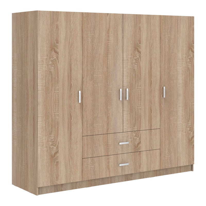 Roupeiro Sonoma 200 x 58 x 177 cm – 4 portas de abrir, varão metálico, prateleiras interiores e 2 gavetas, melamina resistente - 4