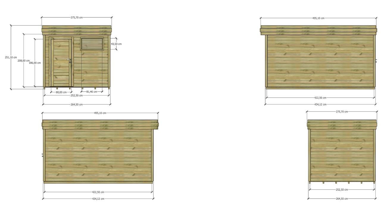 ABRI DE JARDIN bois Pin traité autoclave 27mm - 2,64x4,34m / 11,5m2 - Bac acier - Plancher bois - 4