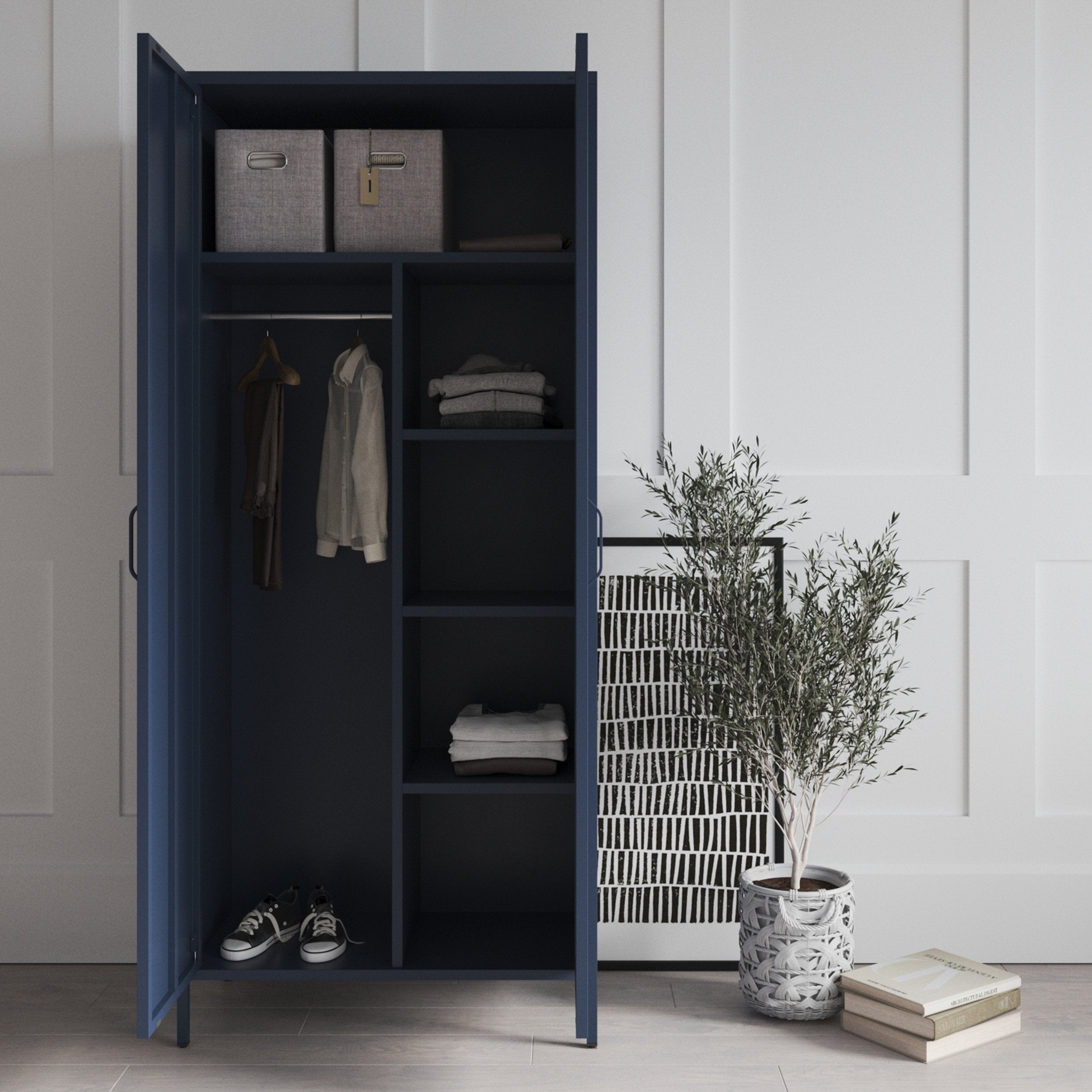 Chambre Adulte Enfant en Métal 2 Portes - FLAVIO | Etagères | Armoire de Rangement Chambre, Armoire Penderie | 80 x 185 x 45 cm | Bleu Foncé - 4