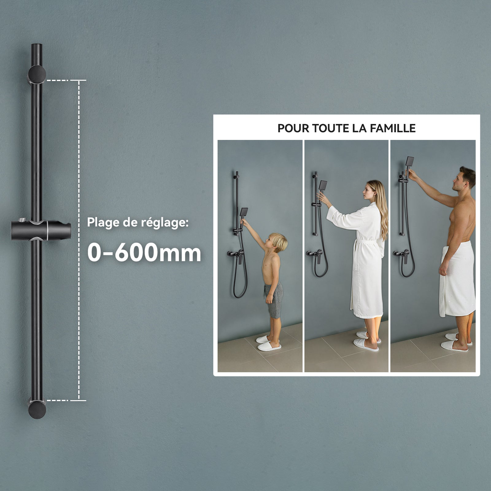 Barre de Douche en inox 70 cm avec Support de Pommeau de Douche /étagère de douche,fixations murales réglables,avec support de douchette,noir - 9