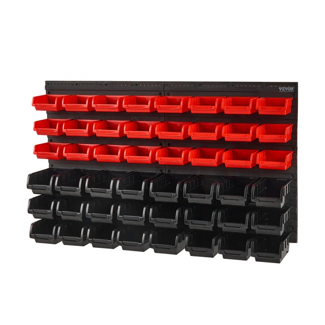 Estantería Plástico VEVOR con Caño, 48 Cajas Almacenamiento Apilables, Taller, Garaje con Paneles de Pared, para Tuercas, Pernos, Negro/Rojo