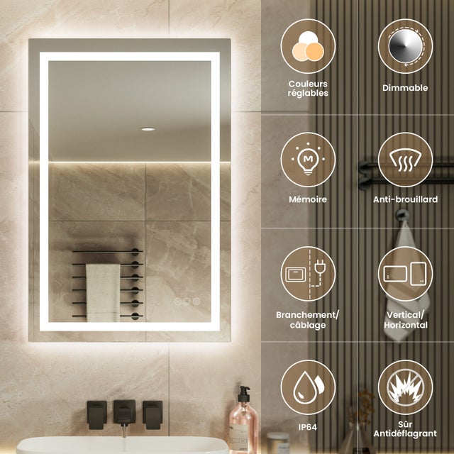 LED Miroir Lumineux+Tricolore + Anti-buée 90x60cm Salle de Bain Dimmable,Mémoire,Tactile
