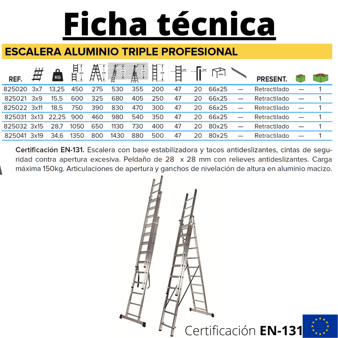 Escalera profesional triple, Certificación EN-131 -3 Tramos de 2 metros x 7 Peldaños - 3