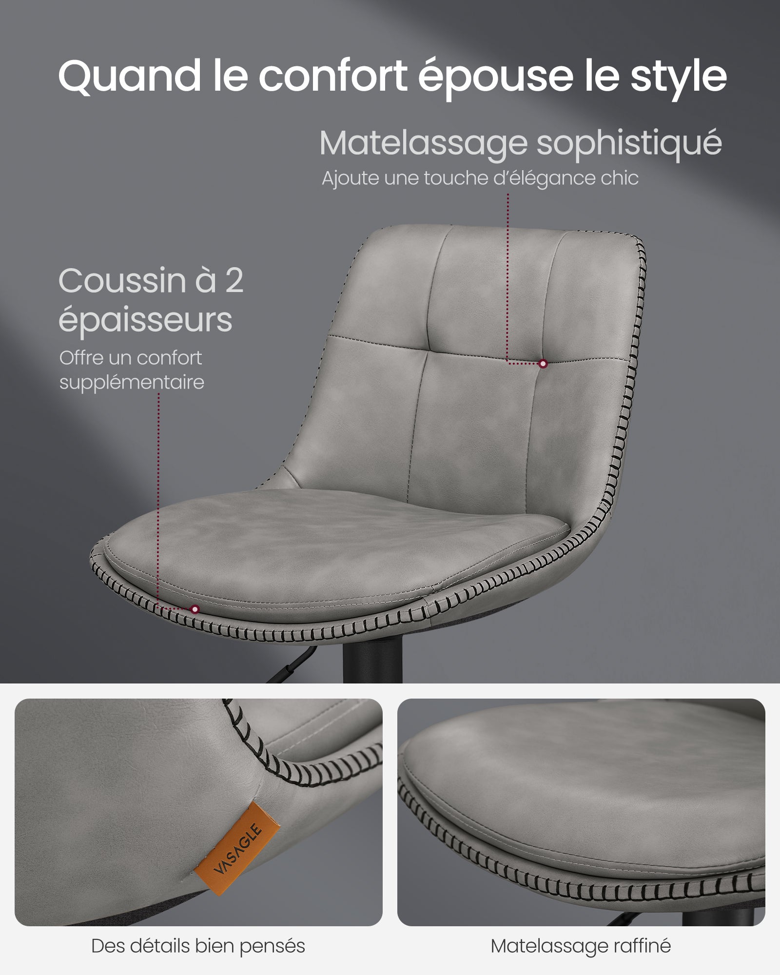 Tabourets de Bar, Lot de 2, Siège Pivotant à Hauteur Réglable, Matelassé, avec Dossier et Repose-Pieds, Gris Tourterelle - 3