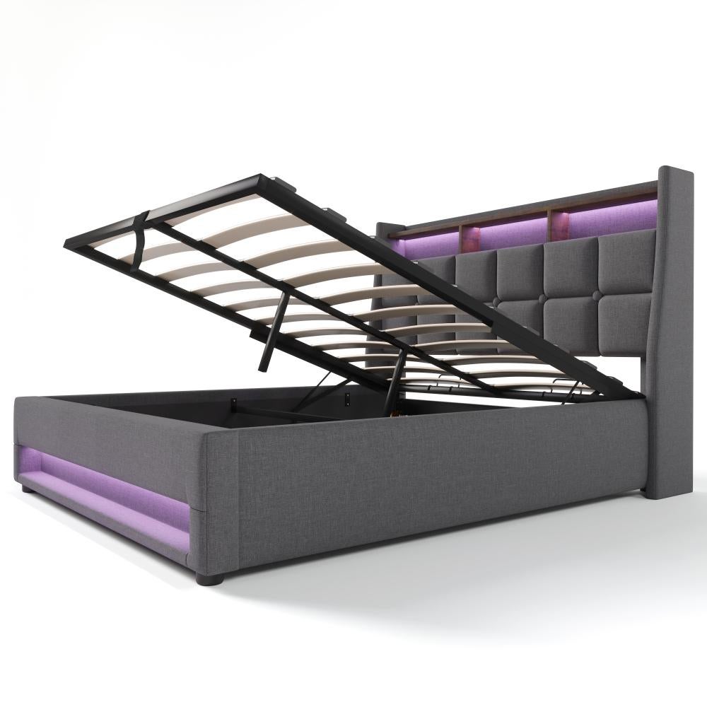 Łóżko tapicerowane z USB 180 x 200 cm, podwójne łóżko LED z metalową ramą i listwami, rama łóżka z lnu Łóżko młodzieżowe (bez materaca) - 6
