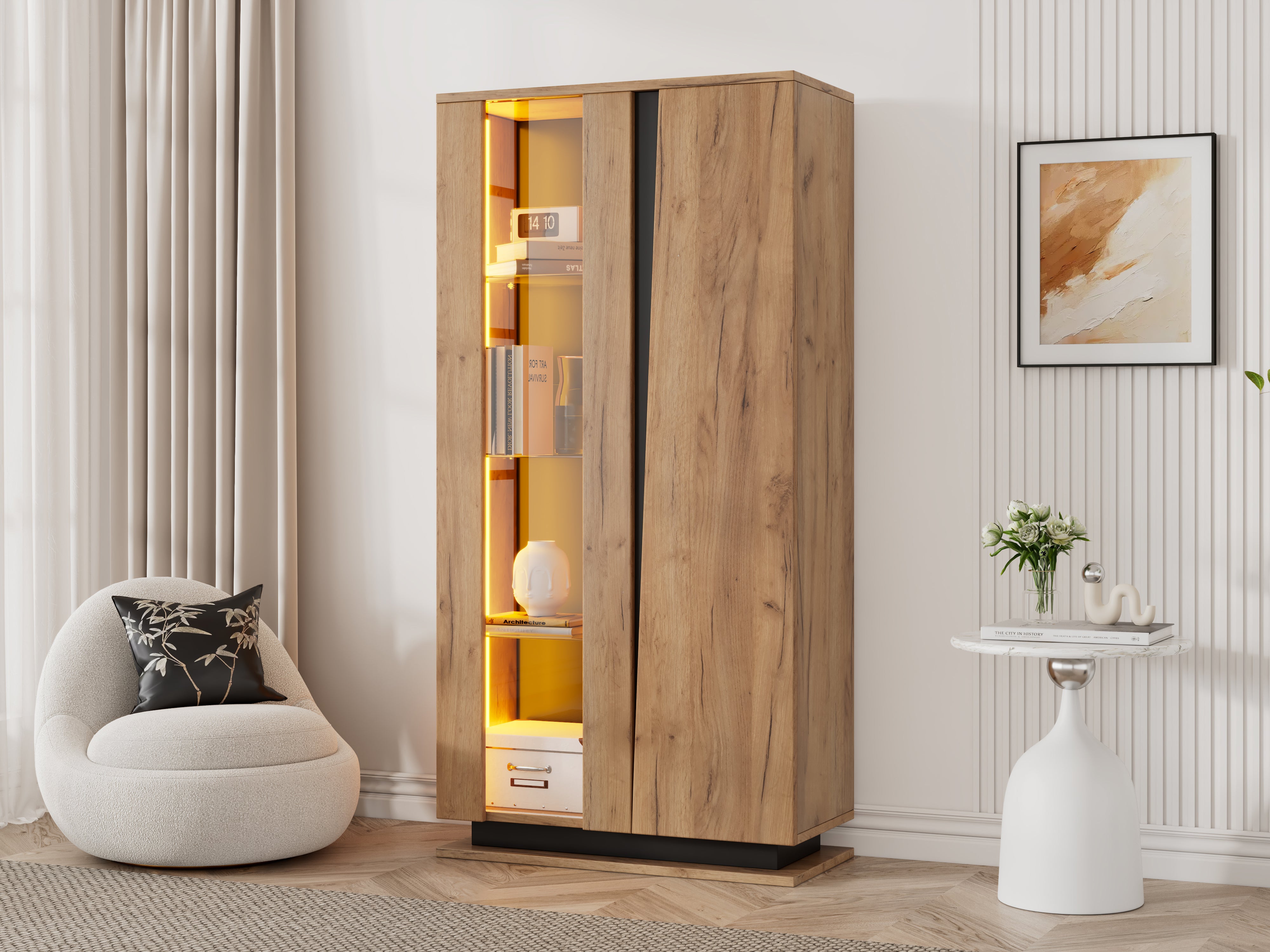 Vitrine avec 2 portes et 8 étagères - 80 x 35 x 160 cm - LEDs - Panneau de particules et acrylique - Naturel - 7