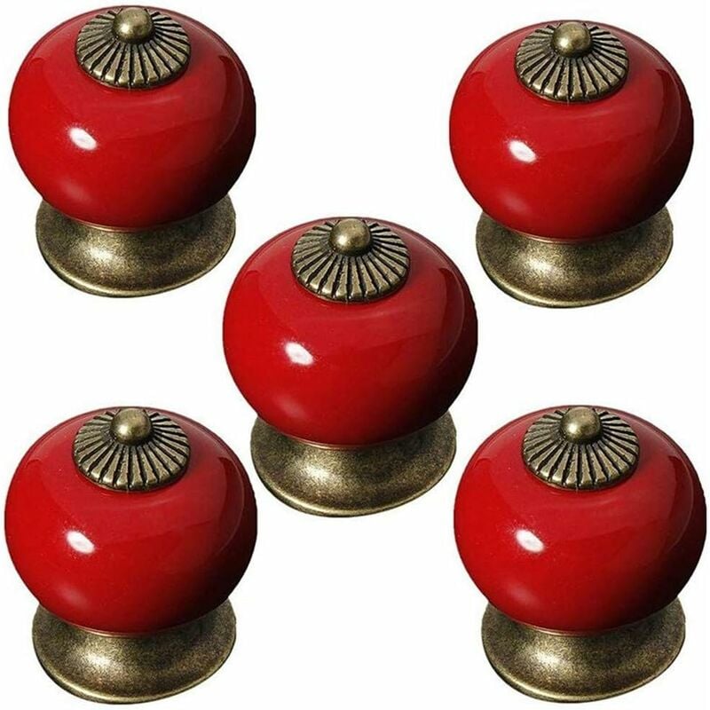 Zestaw 5 okrągłych, czerwonych ceramicznych gałek do drzwiczek szafek, szuflad, szafek, garderób, w stylu rustykalnym