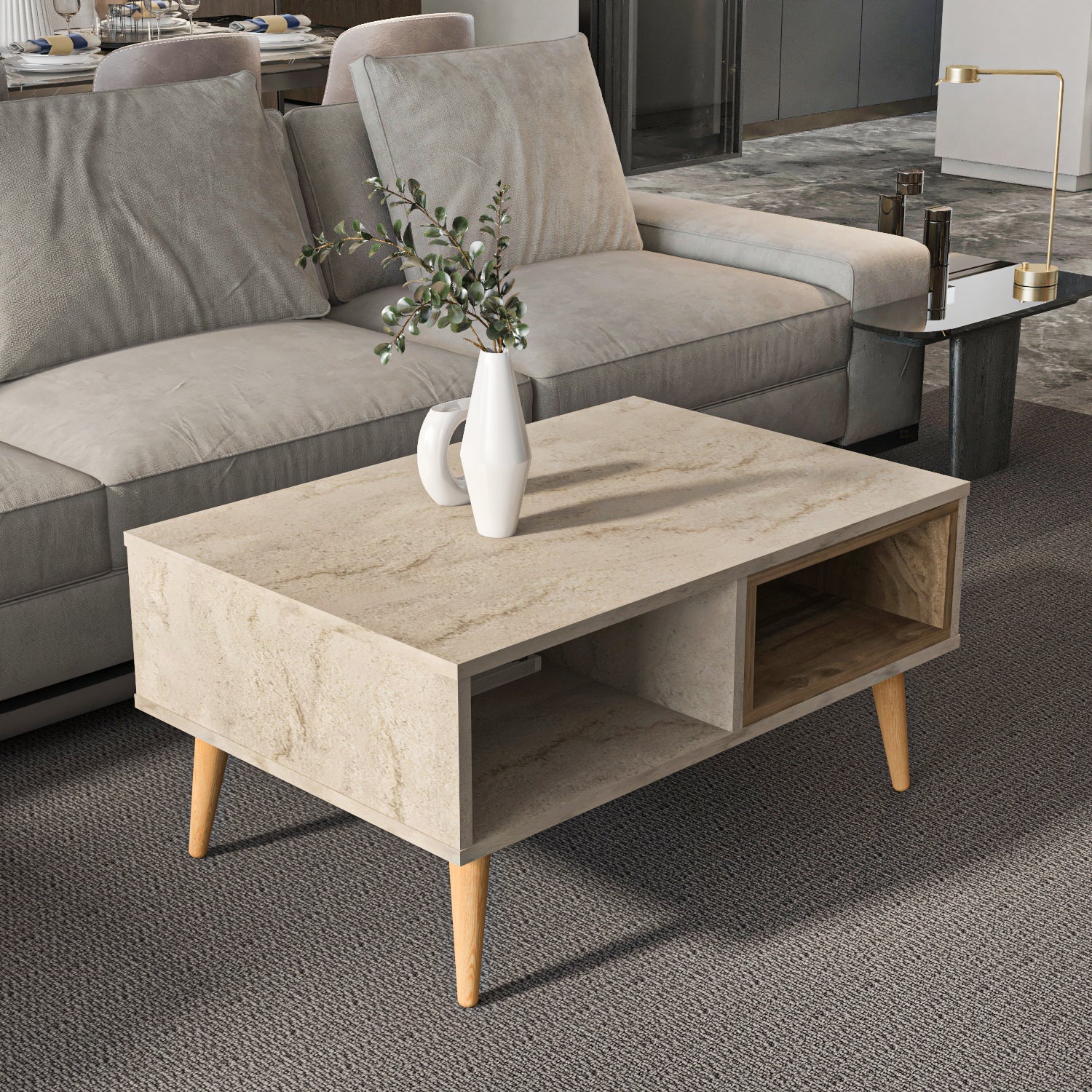 Table Basse Rectangulaire En.casa - Design Moderne, Plateau Mélaminé Effet Chêne Blanc, 90x45x40 Cm