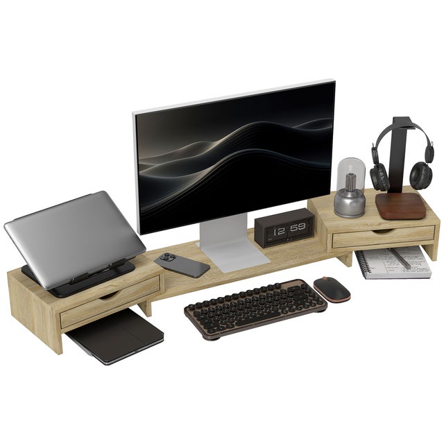 Rehausseur écran PC bureau support d'écran d'ordinateur de 60-116 cm avec 2 tiroirs, longueur et angle réglables HaMi pour la maison