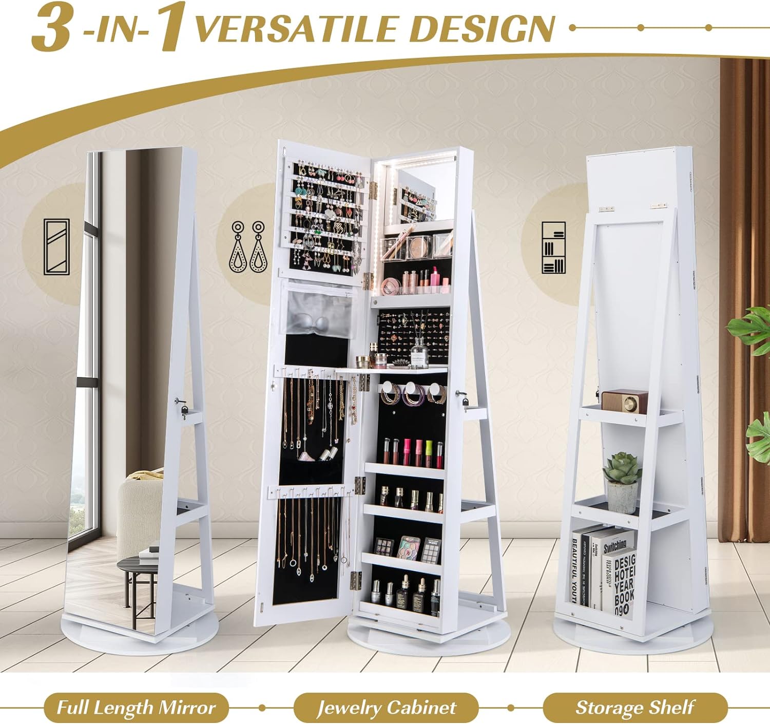 Armadietto per Gioielli Girevole a 360°, con Specchio a Figura Intera Luce a LED a 3 Colori, Specchio Interno per il Trucco con Serratura, 54,5x 54,5 - 7