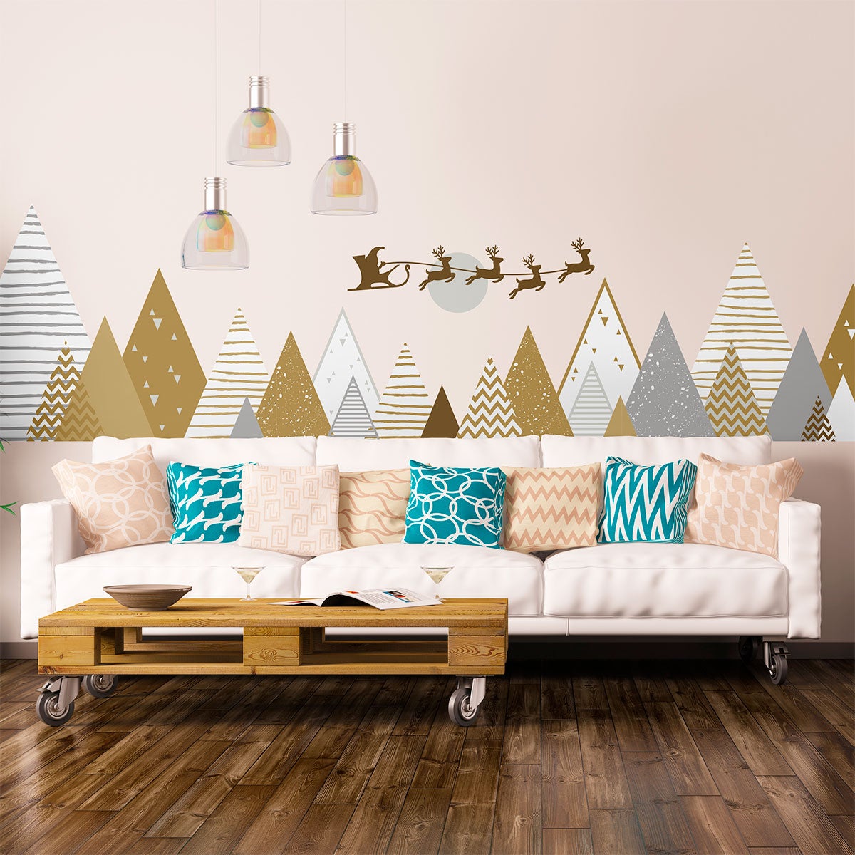 Vinilo Navidad montañas santa y renos - adhesivo de pared - revestimiento sticker mural decorativo - 120x200cm - 5