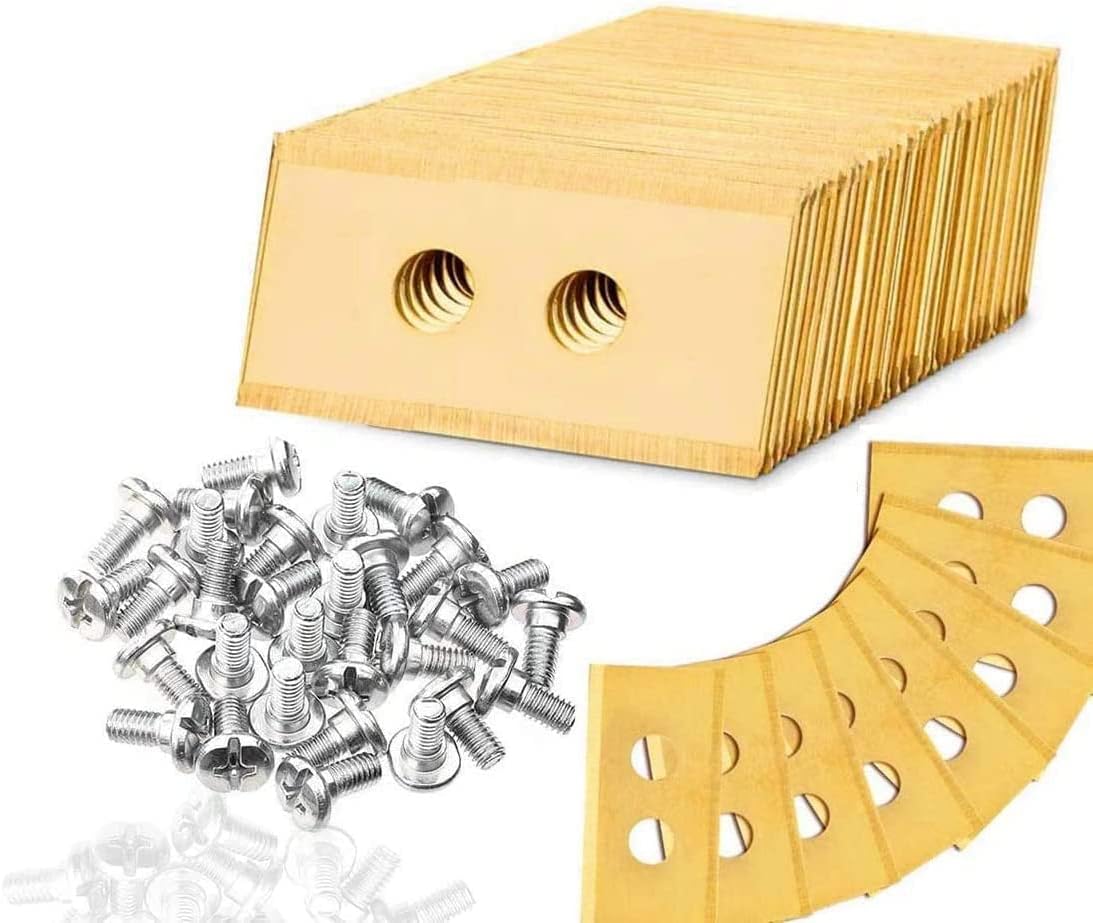 Ostrza zamienne do kosiarki Universal Robot, 30 ostrzy ze śrubami, 35 x 18 x 0,6 mm, średnica otworu 5,2 mm (złote)
