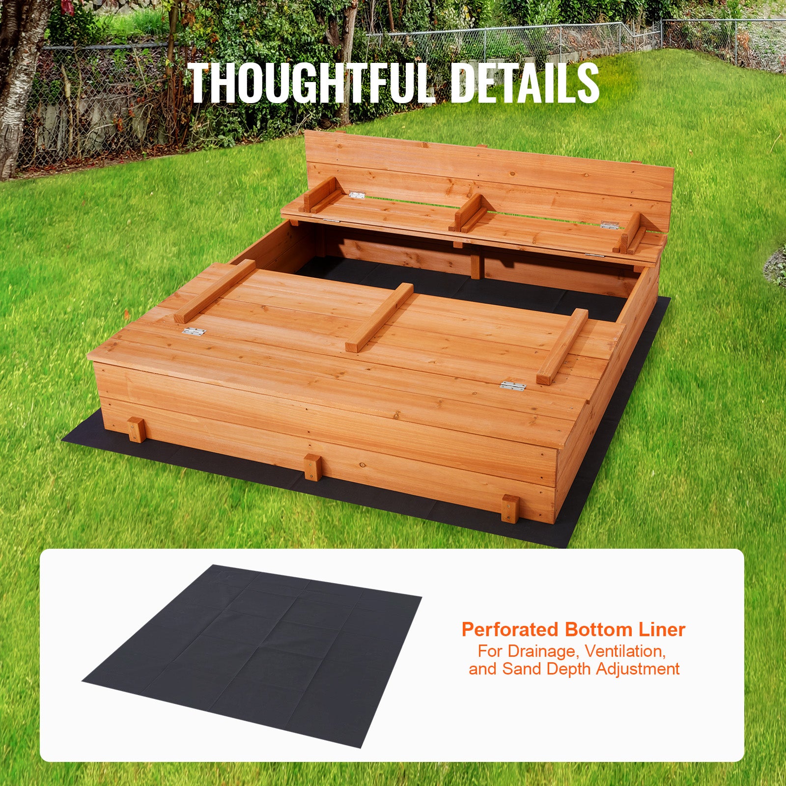 Bac à sable en bois naturel,VEVOR 1330 x 1200 x 430 mm,bac à sable avec banquettes pliables et doublure inférieure,pour jardin extérieur,plage,parc - 6