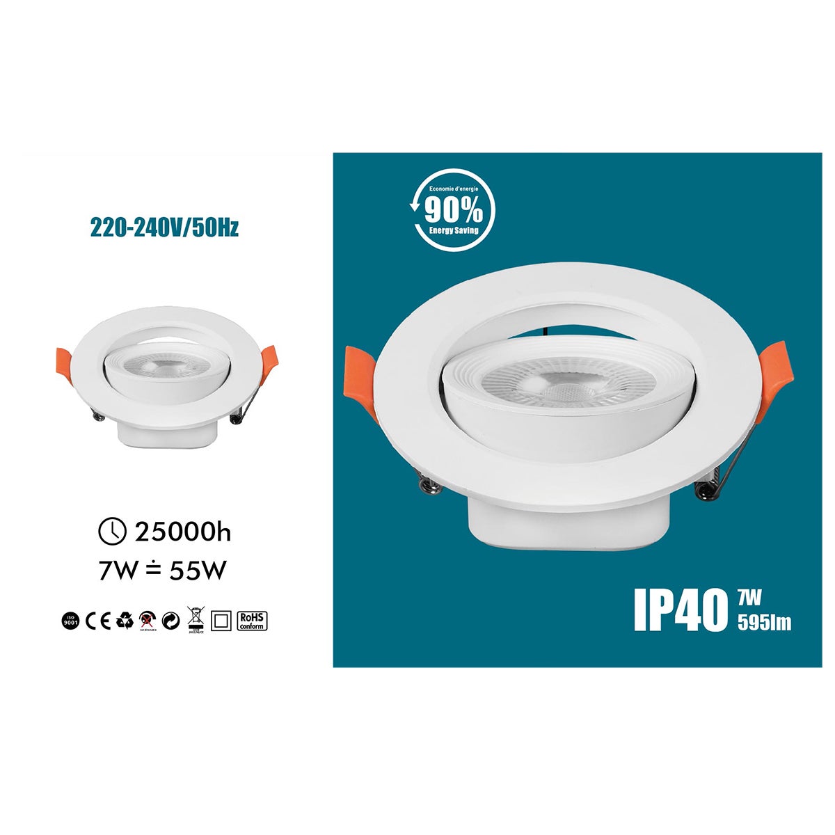 Lot de 20 - Spot LED encastrable orientable, 7W 6000K Blanc froid transformateur intégré pour plafond - 7