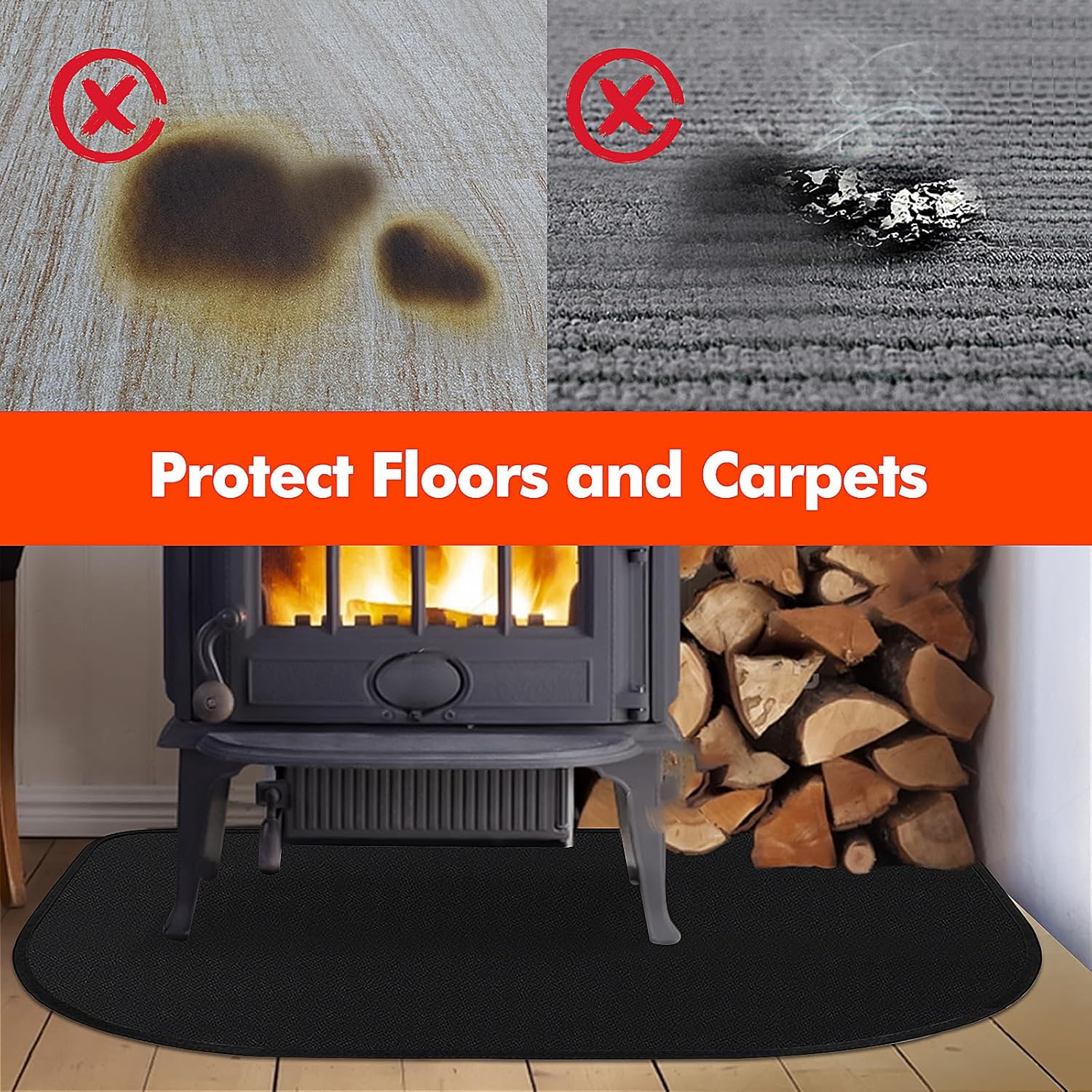 Tapis de cheminée ignifuge - 100 x 60 cm - Tapis ignifuge pour poêle à bois - Pour protéger le sol des étincelles - Noir - 3