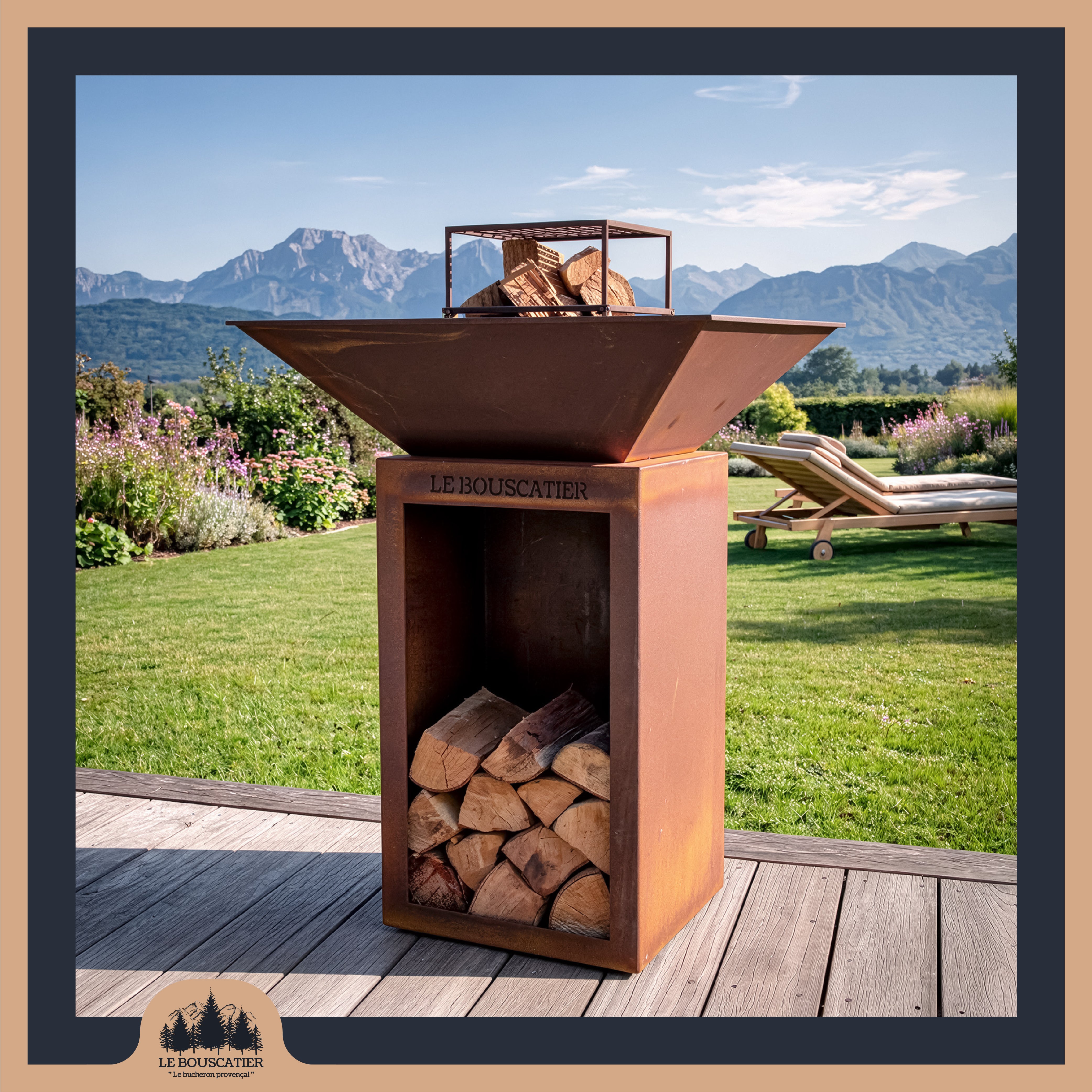 Lou Bouscarian carré 74x74x90cm - Brasero plancha en acier corten avec Rangement bûches - Grille de cuisson, stop food et kit d'allumage offerts - 7