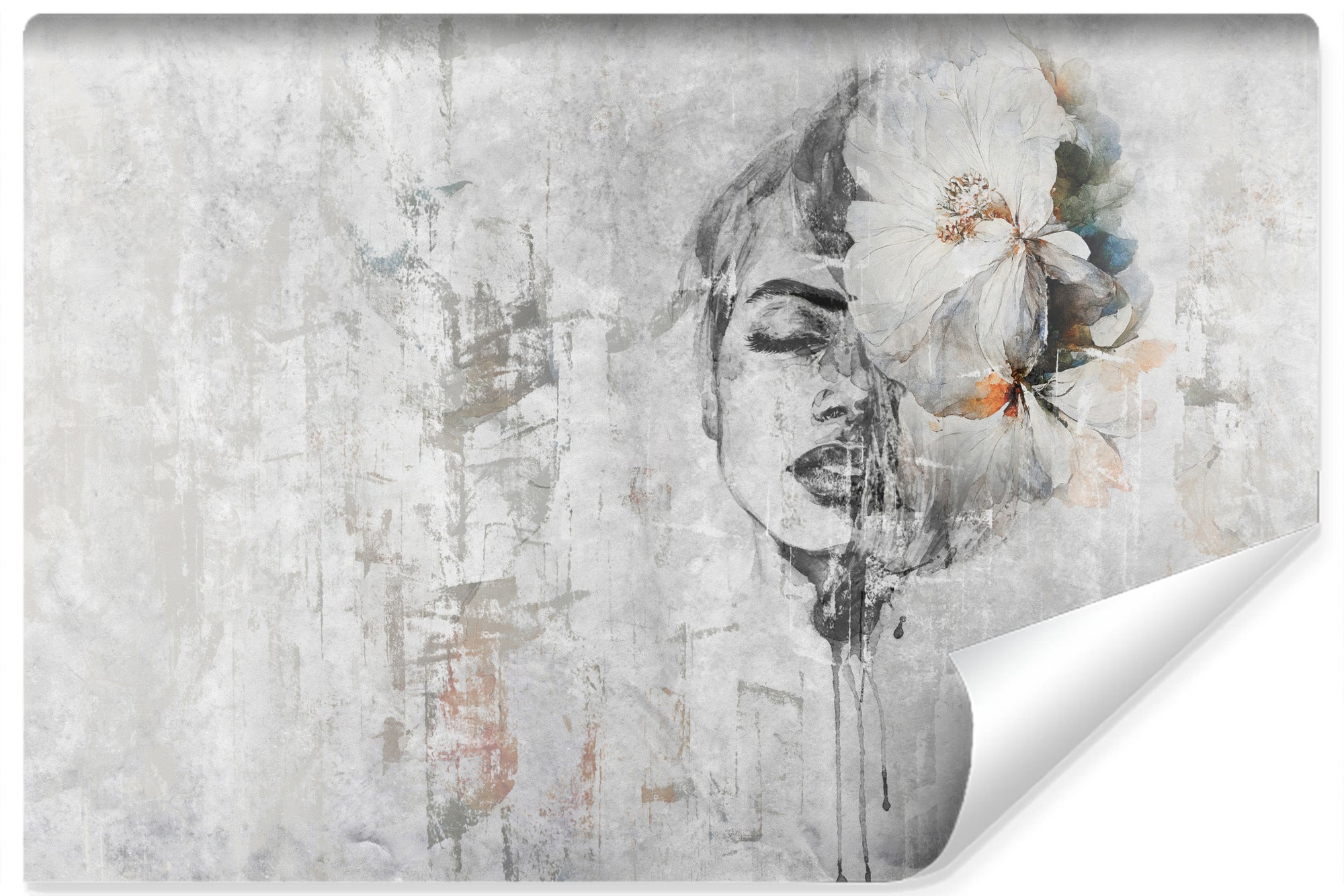 Vlieseline papier peint photo pour chambre fleurs femme portrait mur de béton 460cm x 300cm