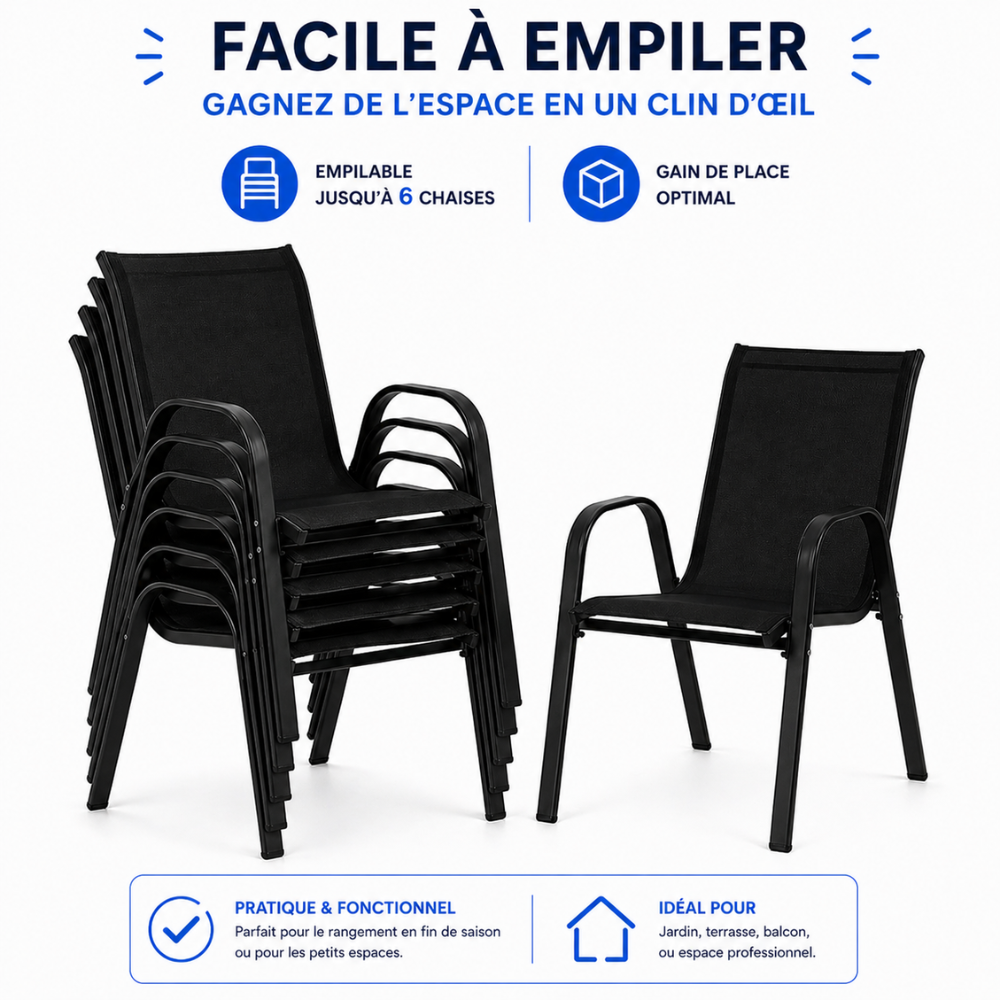 Lot de 6 Chaise de jardin sans coussin Chaises de jardin empilables textilène x6 Unité Noir en Textilène Noir - 4