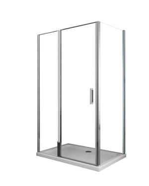 Douche de 6 mm avec paroi fixe laterale et face frontale avec porte battante (receveur non inclu) – 76,5-79 fixe x 117-120 petite mur+vantail (50+70)