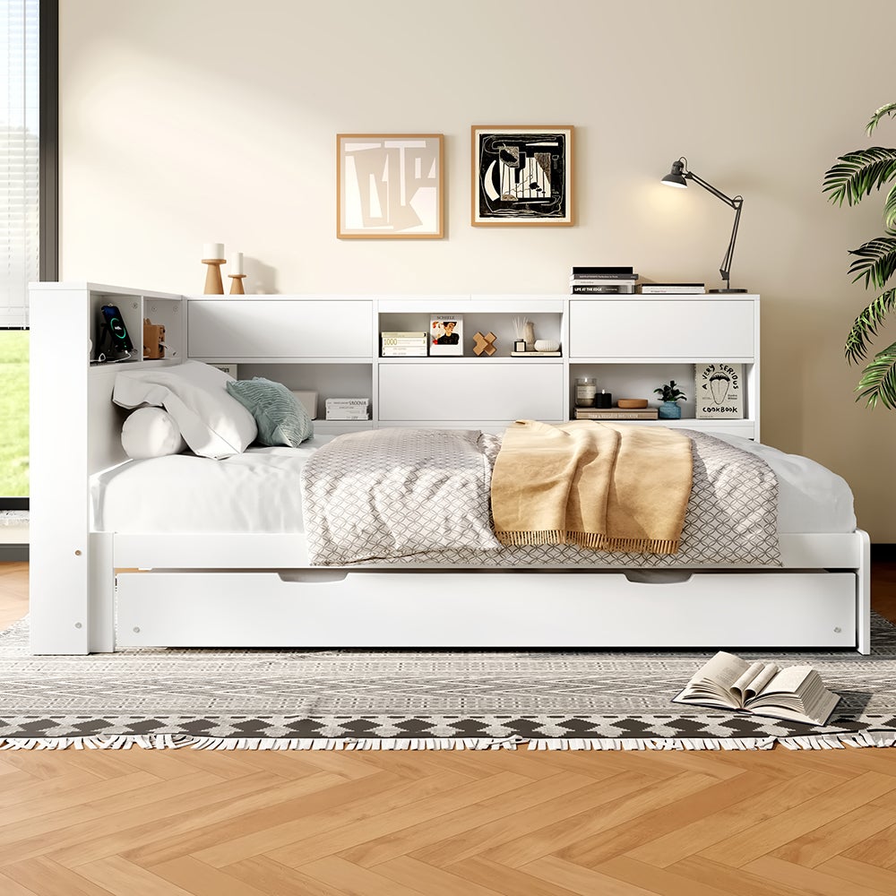 Rozkładana sofa 90 x 200 cm, z zagłówkiem i schowkiem, rozkładane łóżko, bez materaca, biała