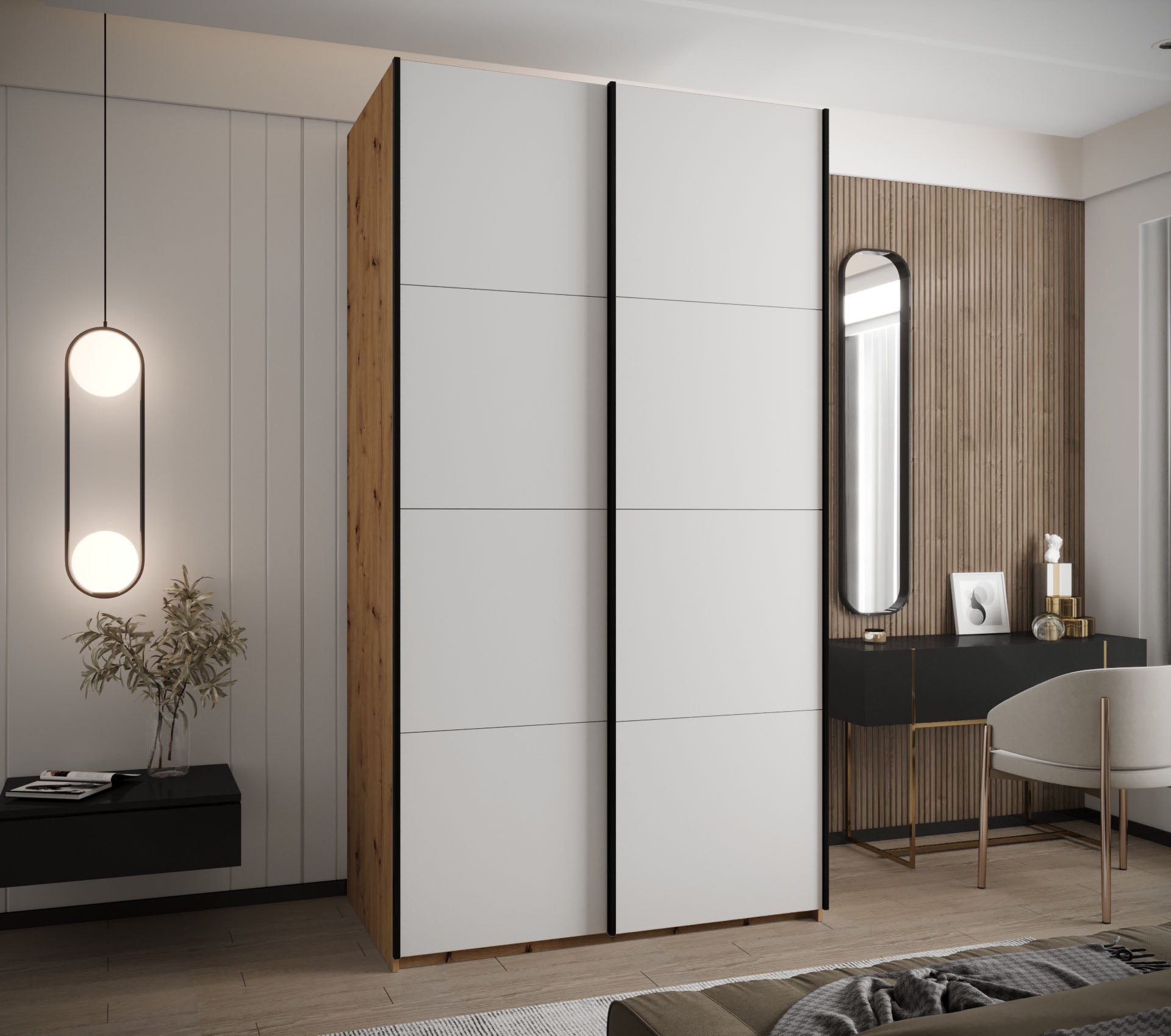 Szafa przesuwna wysoka Lux 1 130 x 64 x 245,5 cm artisan + biały + u. czarny - Abiks Meble - 2