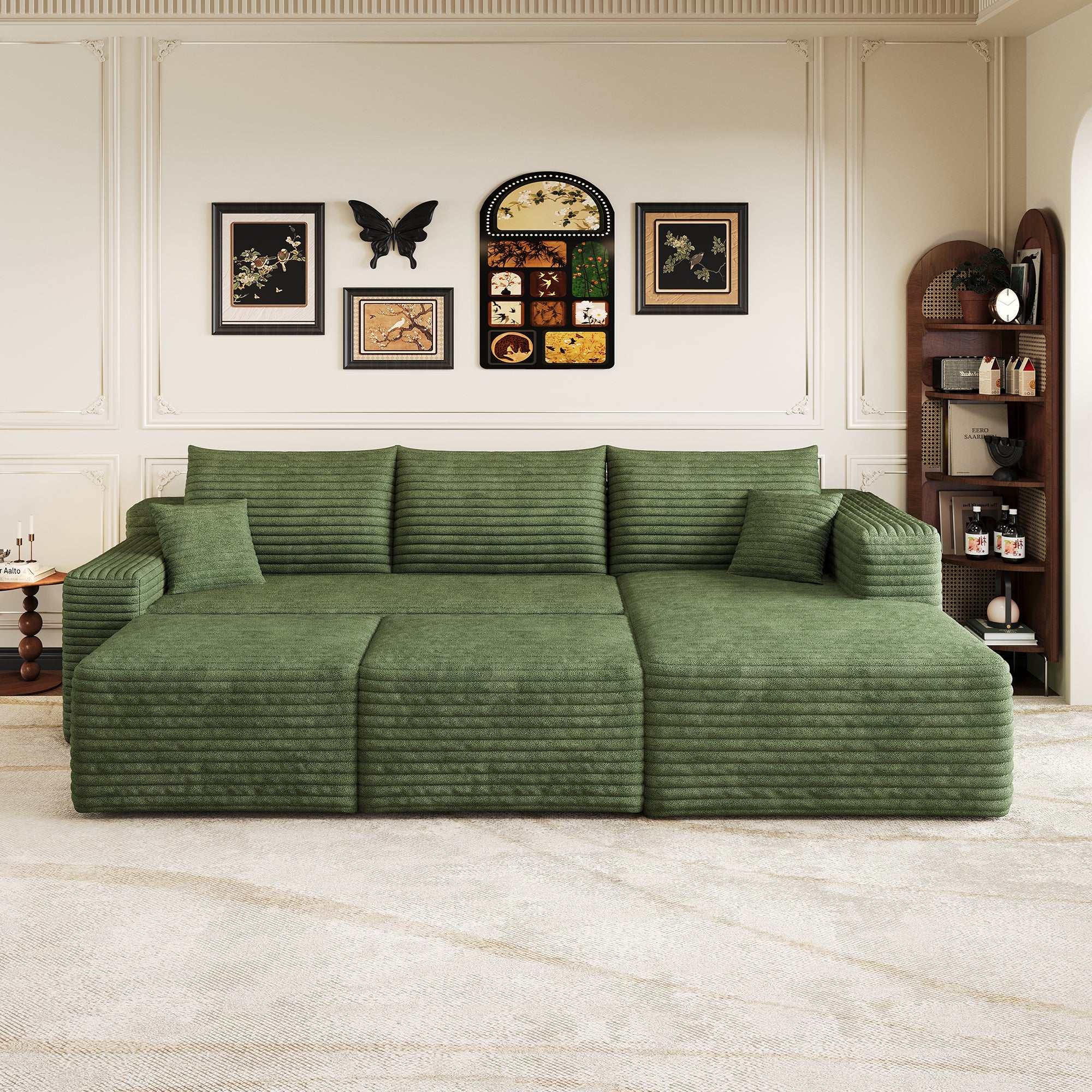 Canapé Modulaire compresse 241x151x58cm avec 2 repose-pieds et coussin, Canapé d'Angle Côté droit Velours Côtelé, Assise Profonde,Canapé 3 Places Vert - 2