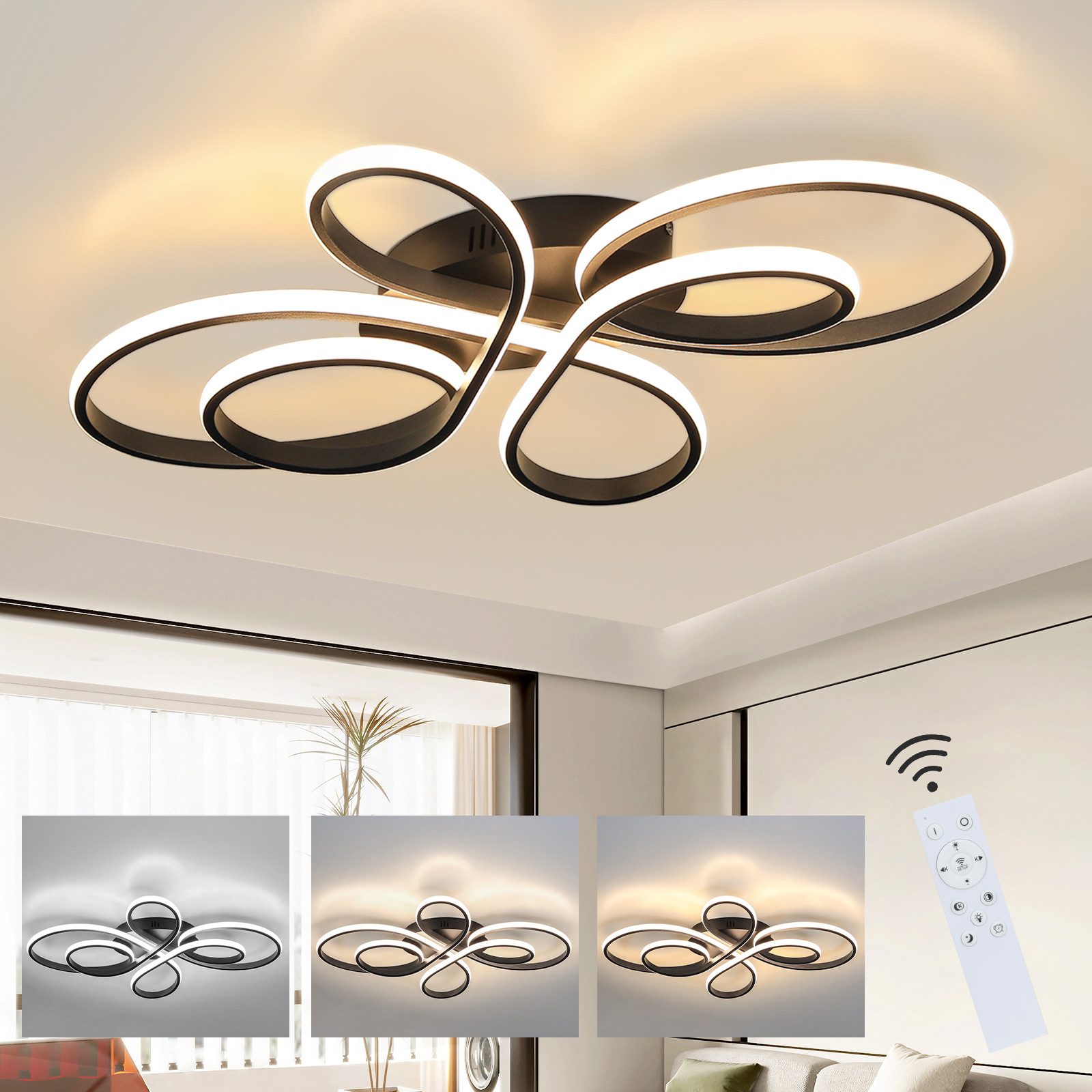 NETTLIFE Nowoczesna lampa sufitowa LED, ściemnialna, czarna, 26" 65W, z pilotem, odpowiednia do jadalni, biura