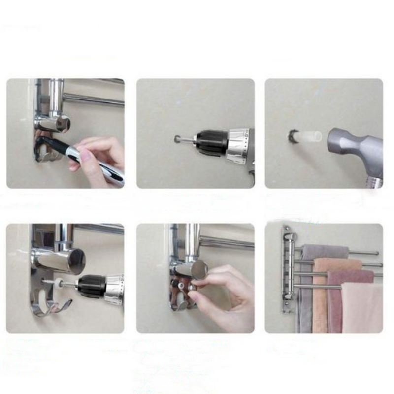 Wieszak na ręczniki ze stali nierdzewnej, obrotowy o 180° - 4 poziomy - Srebrny - 35 cm - 3