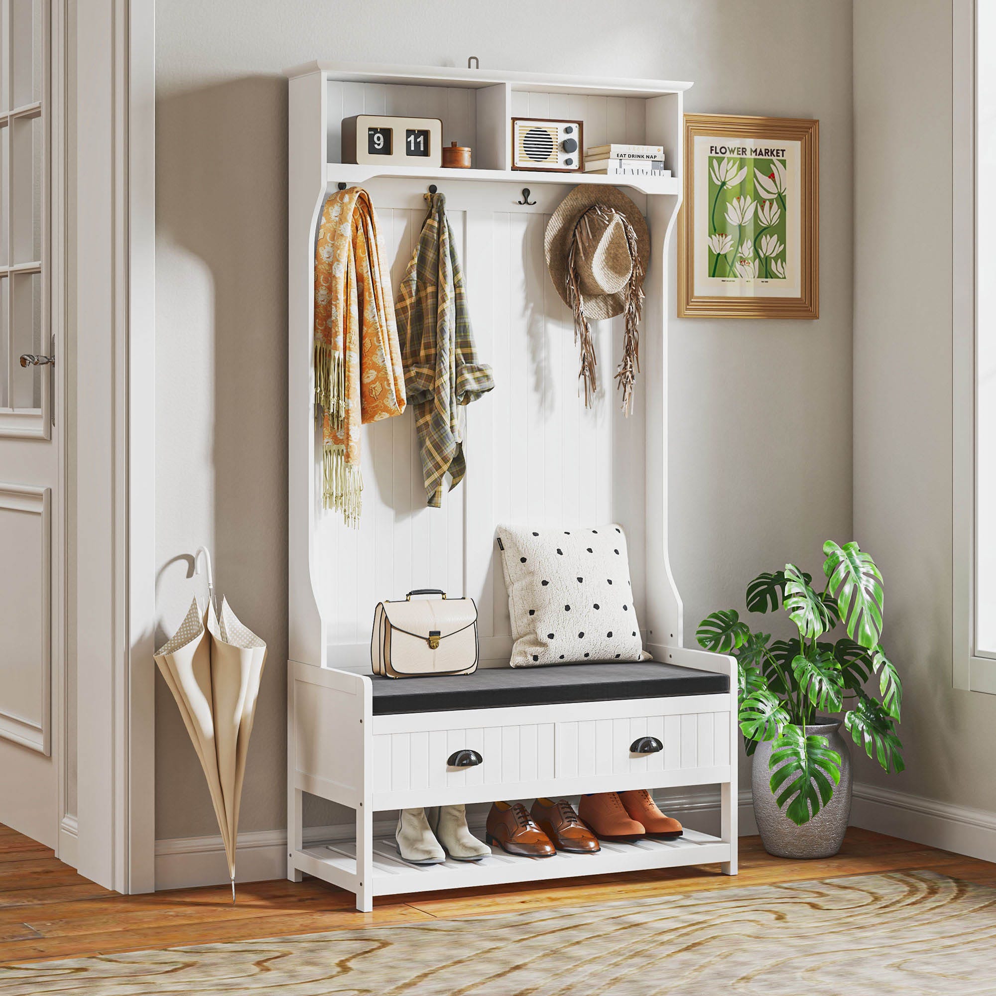 Zapatero Perchero Banco Recibidor Perchero 2-en-1 Con Ganchos