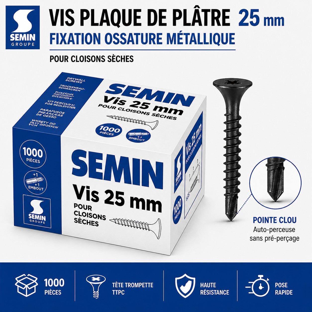 Vis auto perceuse Semin pour la fixation des plaques de plâtre sur l'ossature - intérieur - 25 mm x 3.5 mm - boîte de 1000 pièces - 2