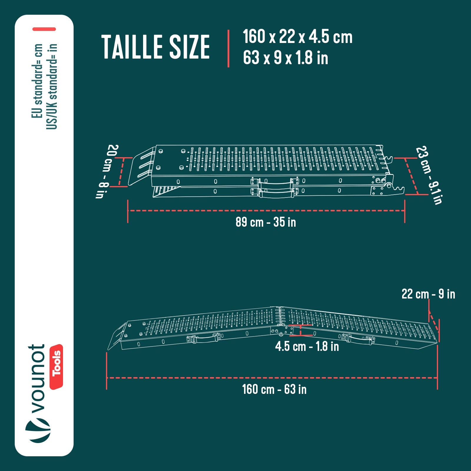 Lot de 2 Rampes de chargement pliable 160cm en acier galvanisé - 400kg max - Rampe d'accès antidérapante avec poignée - VOUNOT® - 3