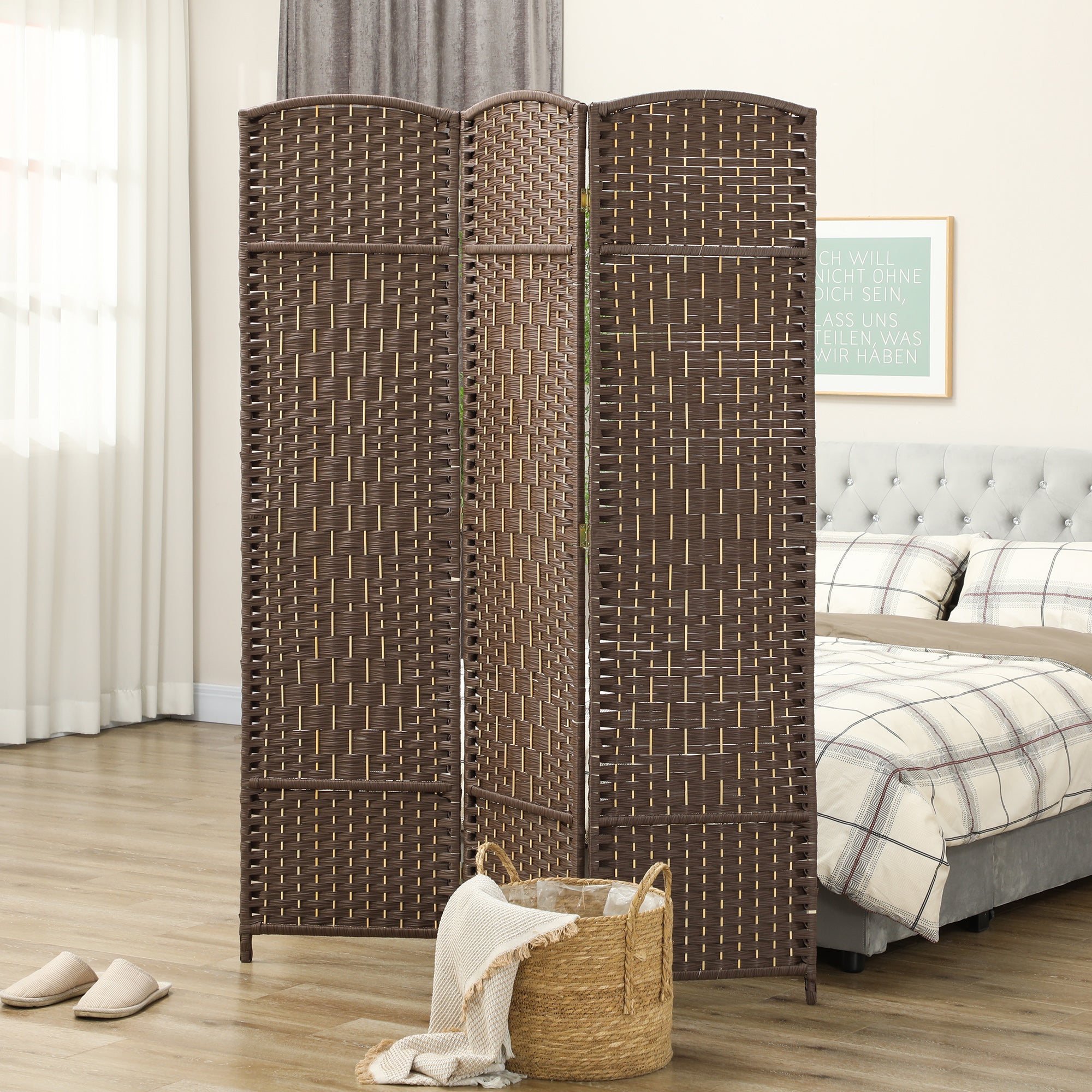 Paravent intérieur en bois 3 panneaux séparateur de pièce pliable pour salon chambre 135 x 180 cm marron - 4