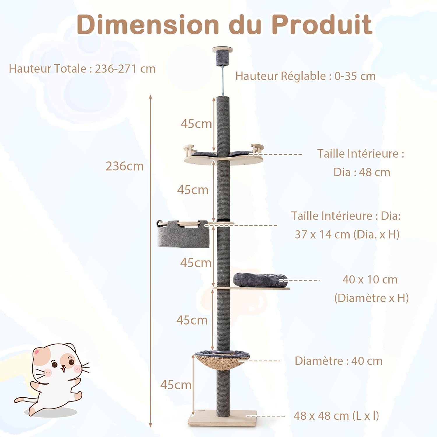 Árbol de Gato de Suelo al Techo, Altura Ajustable 236-271 cm, Grande Árbol de Gato de 5 Niveles con Poste Rascador Trampolín Cama Tipo Cesta Hamaca - 3