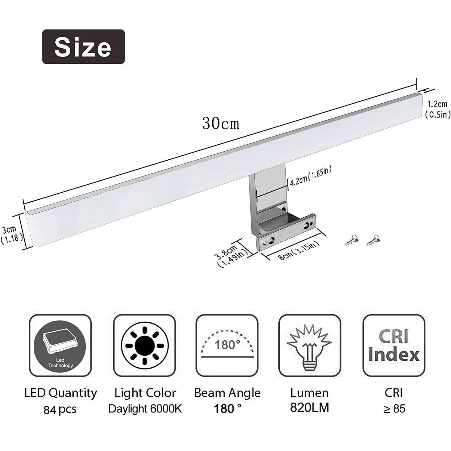 Lampe LED pour miroir de salle de bain, acier inoxydable étanche, lumière pour armoire de salle de bain sans scintillement 220V, lumière blanche - 2