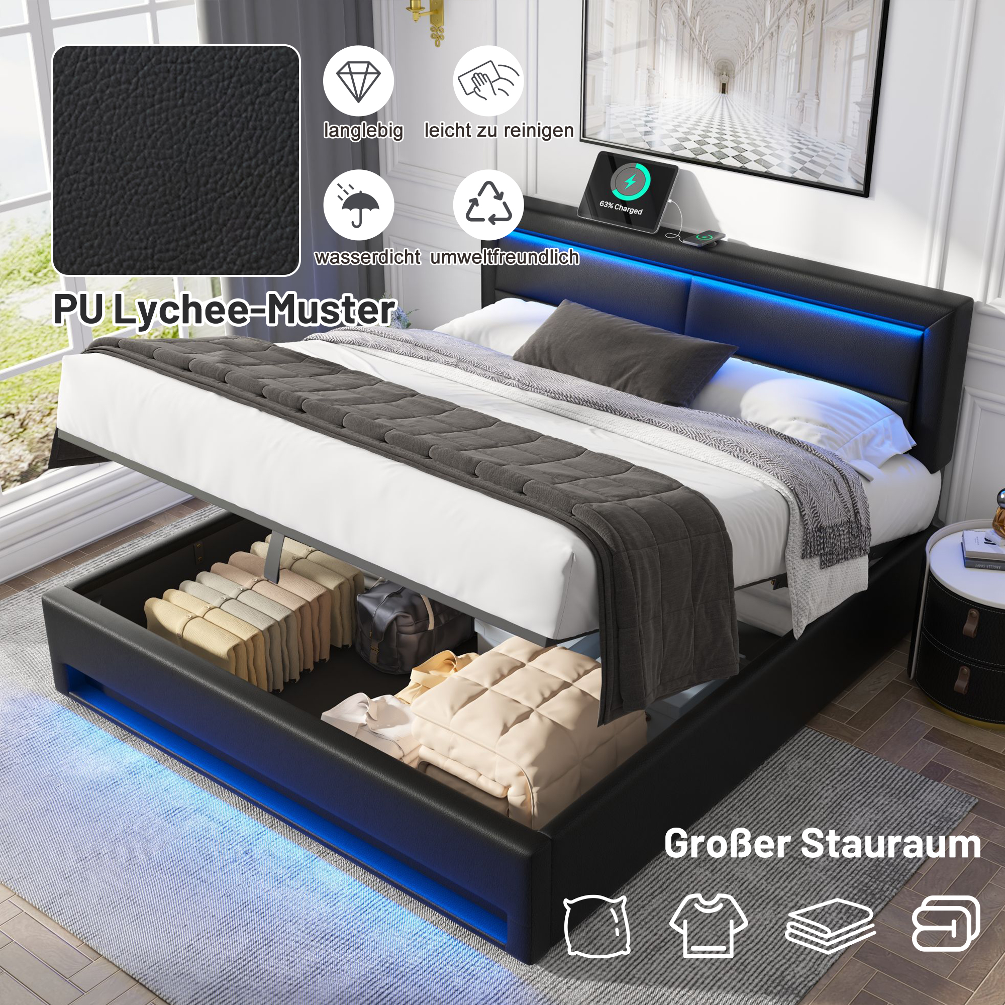 Lit coffre 140x190 cm,lit rembourré -port usb+éclairage led+ grand espace rangement - sans matelas-noir - 4
