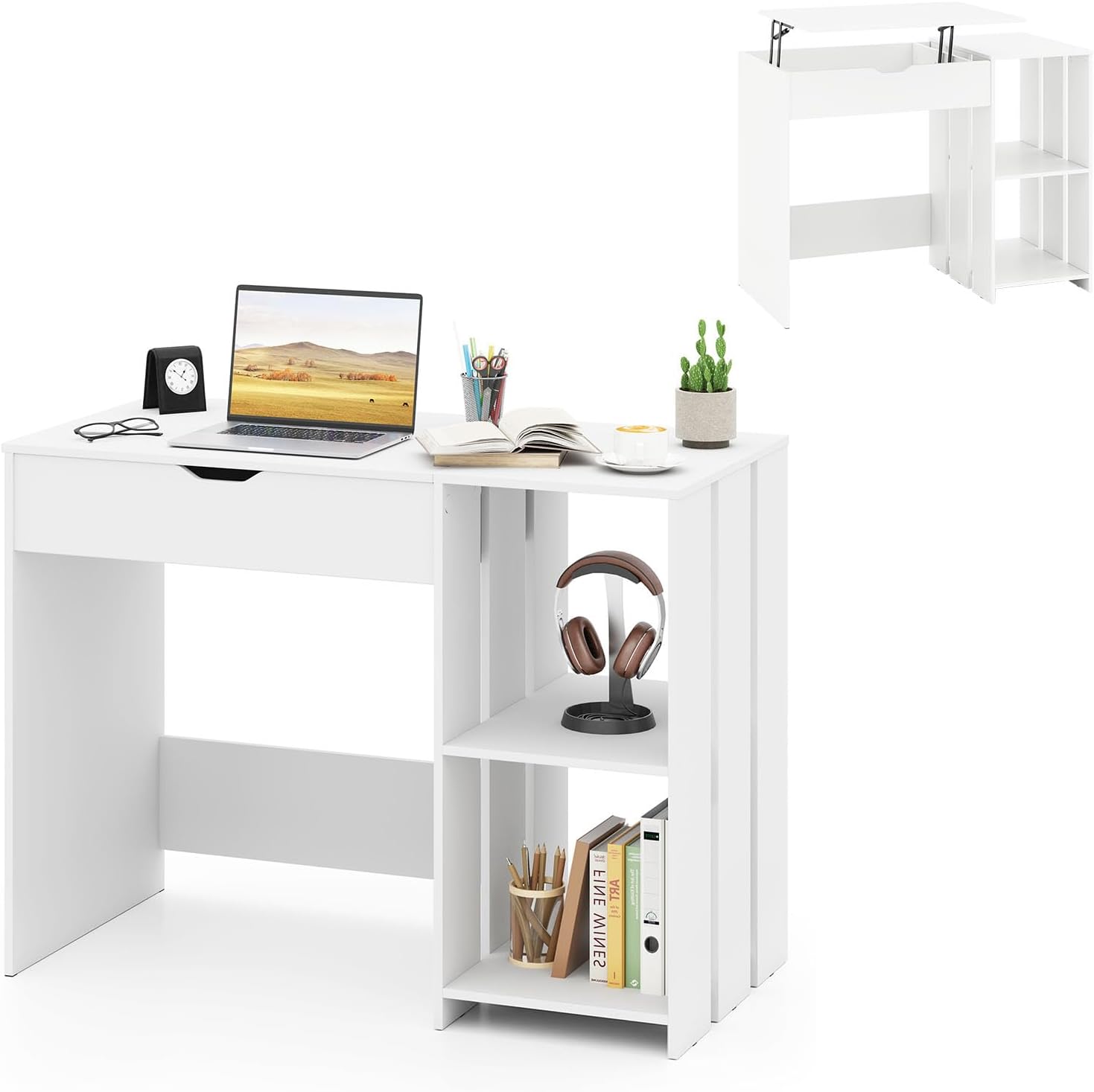 LIFEZEAL Bureau avec Plateau Relevable et Tiroir Caché, Table PC avec 2 ...