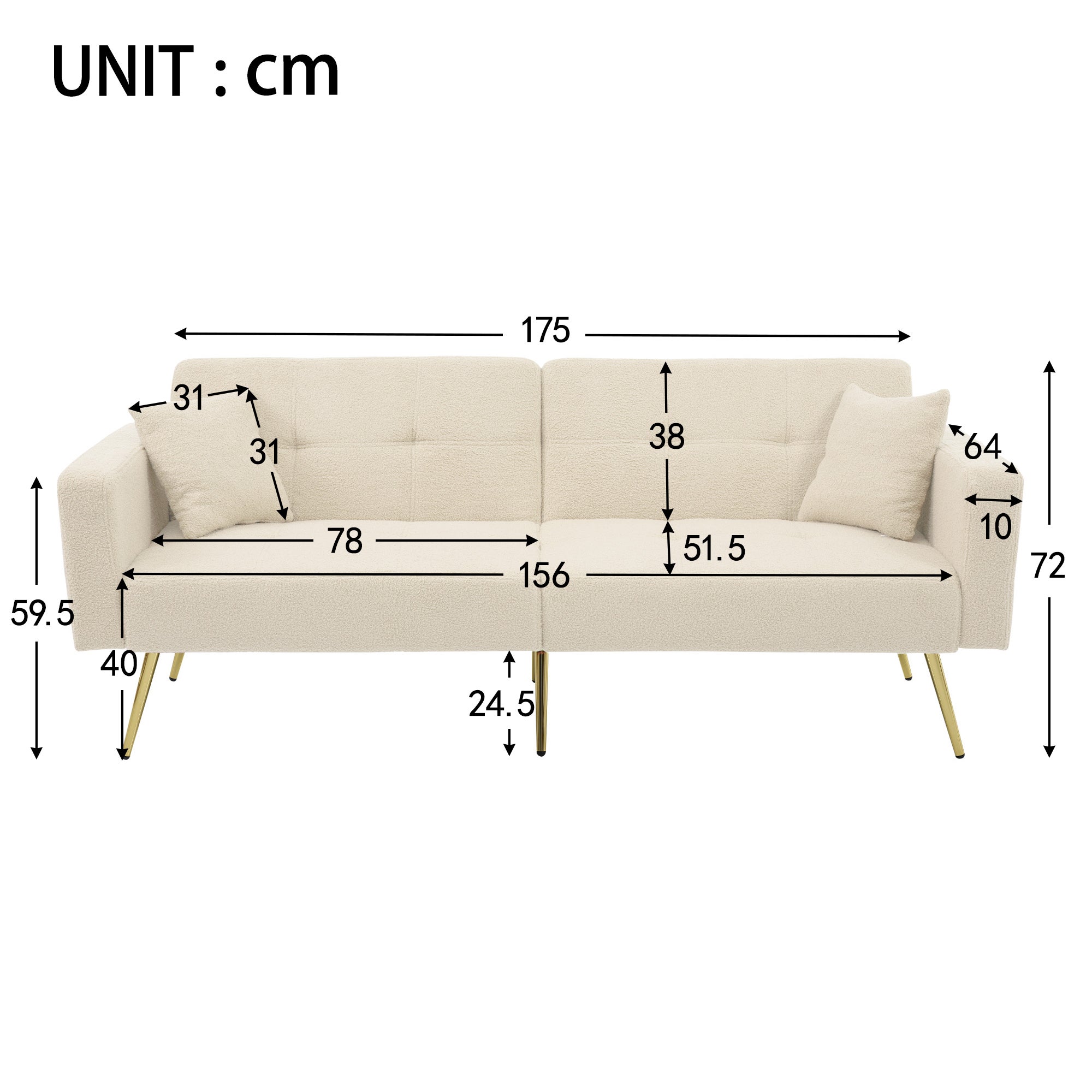 Canapé-lit 175x64x72cm inclinable avec fonction lit et rangements latéraux - Pieds dorés et coussin inclus - beige - 6
